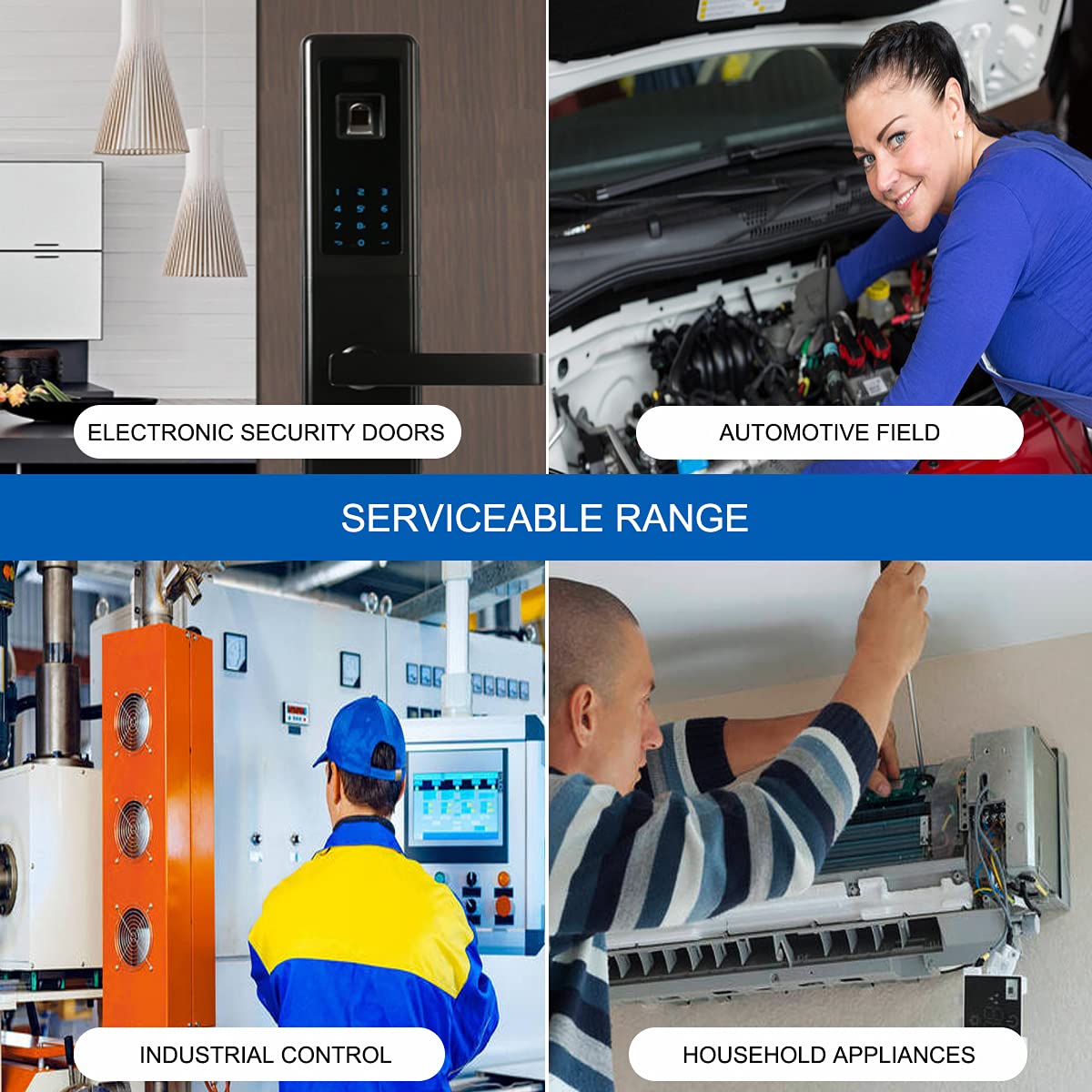 Collage of images depicting various applications for the PCB relay, including electronic security doors, automotive field, industrial control, and household appliances.