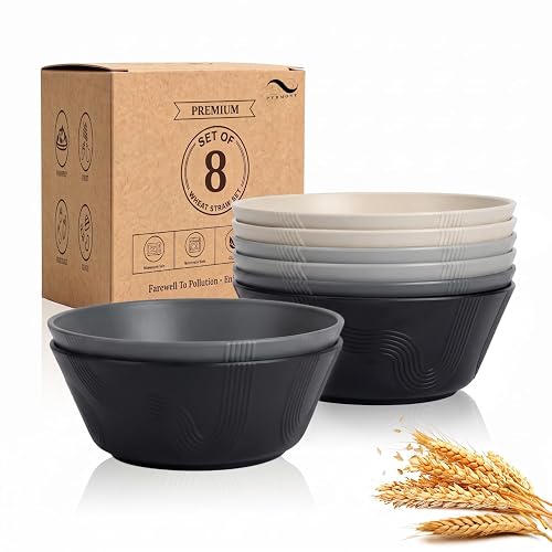 PYRMONT Large Salad Bowls 36 Oz Wheat Straw Bowls Set (8pcs, Grey Stone)