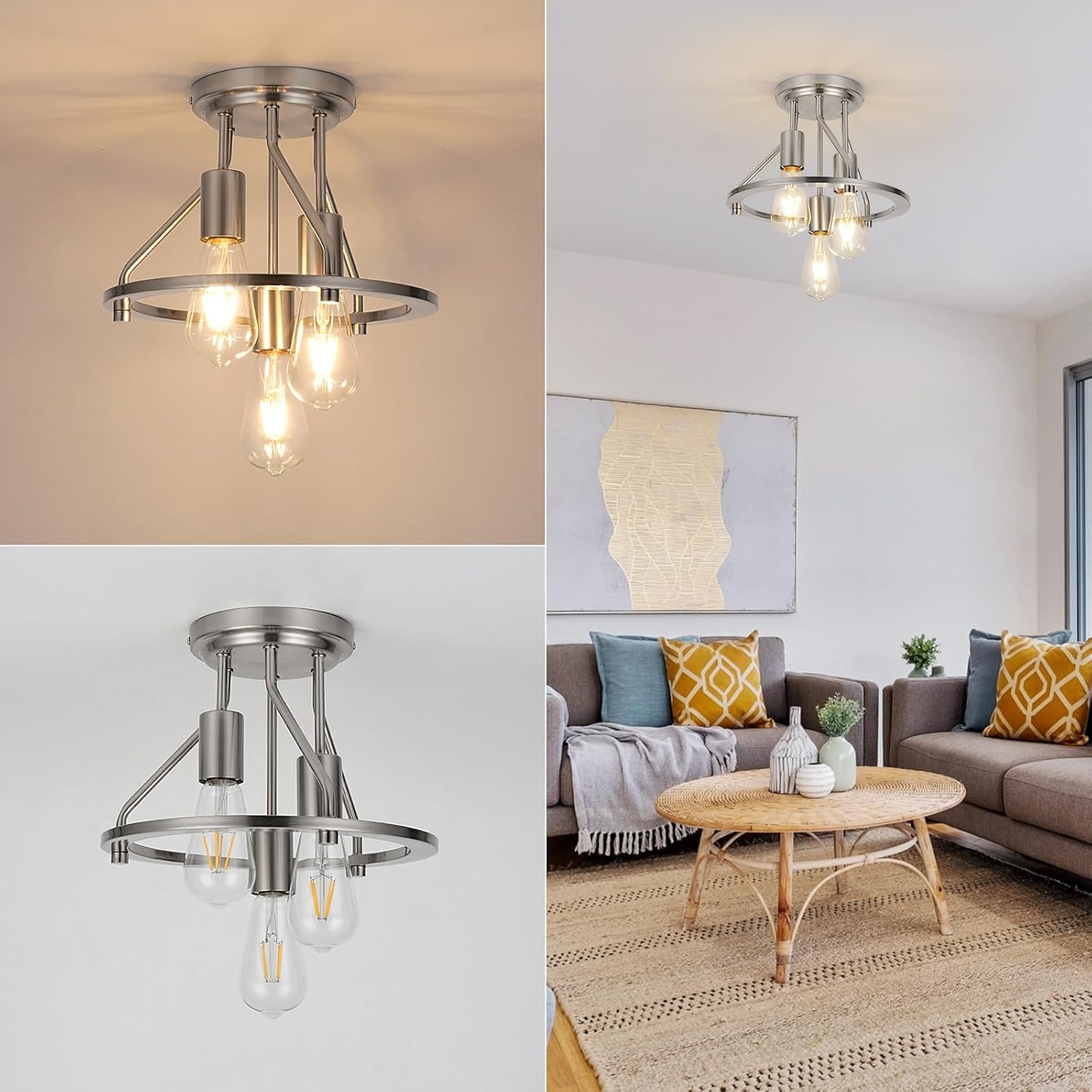 WILON Ceiling Light,Brushed Nickel Semi Flush Mount Light.3-Light Ceiling Light Fixtures Farmhouse Kitchen Light Industrial Hallway Light Fixtures E26 Socket Lamp for Hallway Kitchen Foyer