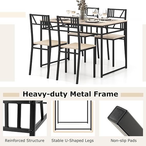 COSTWAY Dining Table and Chairs Set 4, Wood Effect Rectangular Kitchen Table and 4 Chairs with Curved Back, Metal Frame Space Saving Home Dining Room Furniture Set (Natural)