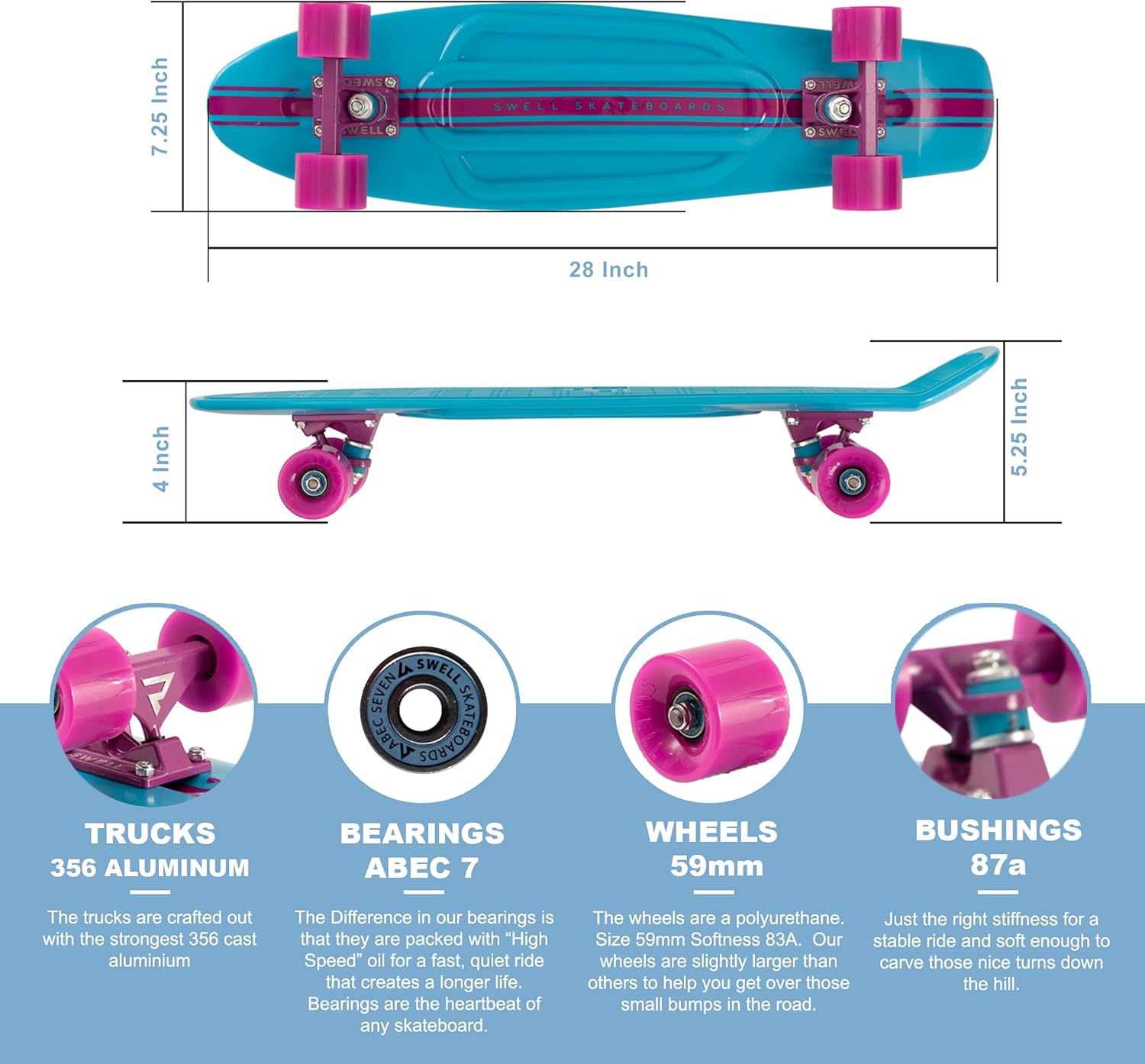 Swell Skateboards 22 inch and 28 Inch Plastic Retro Mini Cruiser Complete Skateboard for Beginners, Boys, Girls, Youths, Teens, Adults, and College Students. : Sports & Outdoors