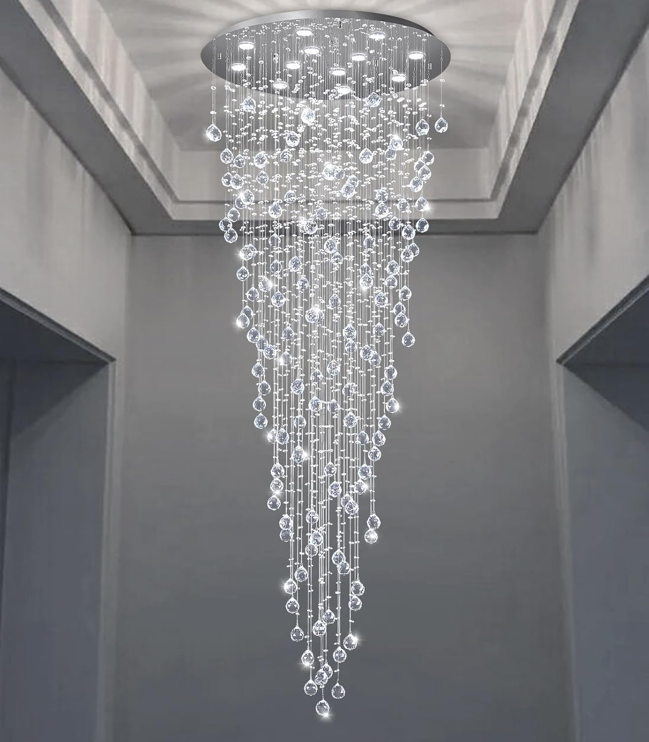 D32'' x H100'' Modern Crystal Chandelier for Entryway Raindrop Chandeliers Glam Chandelier LED Dimmable High Ceiling Light Fixtures for Staircaes Hallway Foyer Living Room
