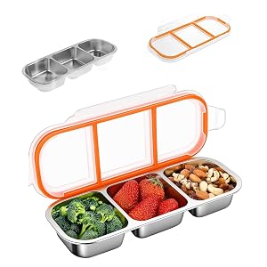 SnackBox with 3 Compartments Stainless Steel Snack Plate 26.2 x 10.3 x 4 cm Bento Snack Container Reusable for Sweets Spices Nuts Biscuits Vegetables
