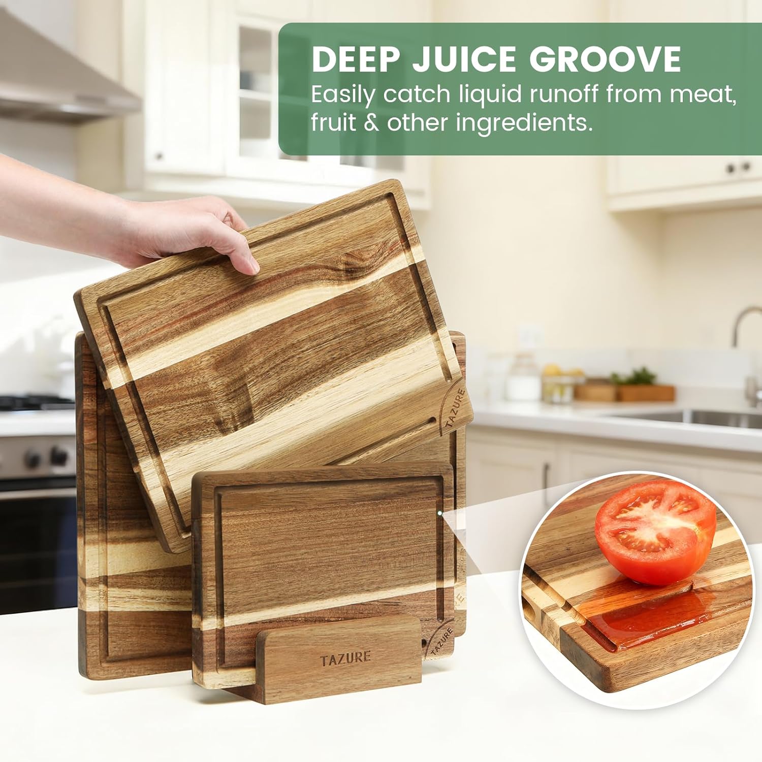 Natural Acacia Wood Cutting Board Set of 3 with Storage Stand, Heavy Duty Thick Chopping Boards for Kitchen, Deep Juice Groove & Serving Handles, Pre-Oiled Reversible Meat & Cheese Board (S/M/L)