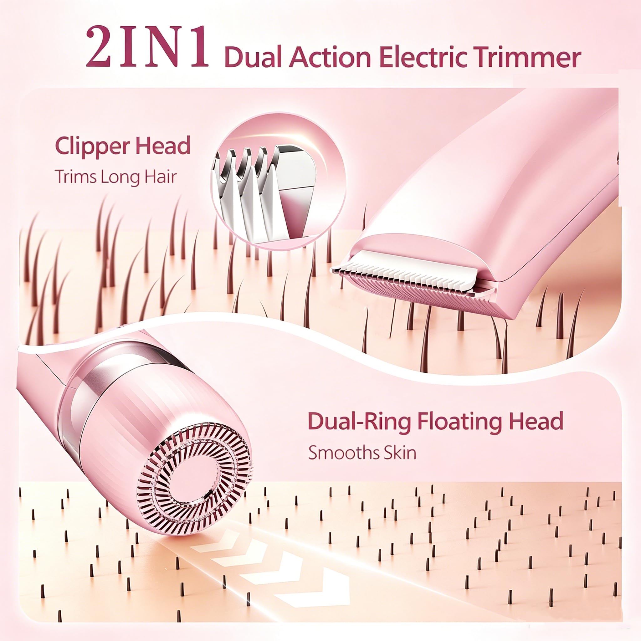 Rasoio elettrico impermeabile 2 in 1 per bikini, da donna, rosa cipria | Design a doppia testa per viso e corpo, uso bagnato/asciutto, rasatura indolore e struttura senza fili per risultati lisci e