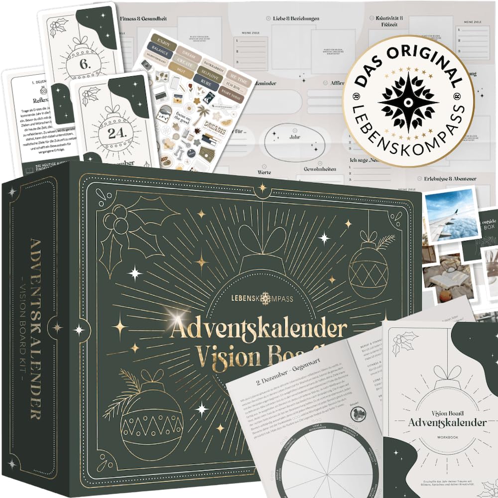 Lebenskompass® Adventskalender Jahresunabhängig Vision Board - Erreiche Deine Ziele - Achtsames Workbook mit wertvollen Aufgaben - Geschenk für die Adventszeit mit Bildern, Sprüchen und Stickern