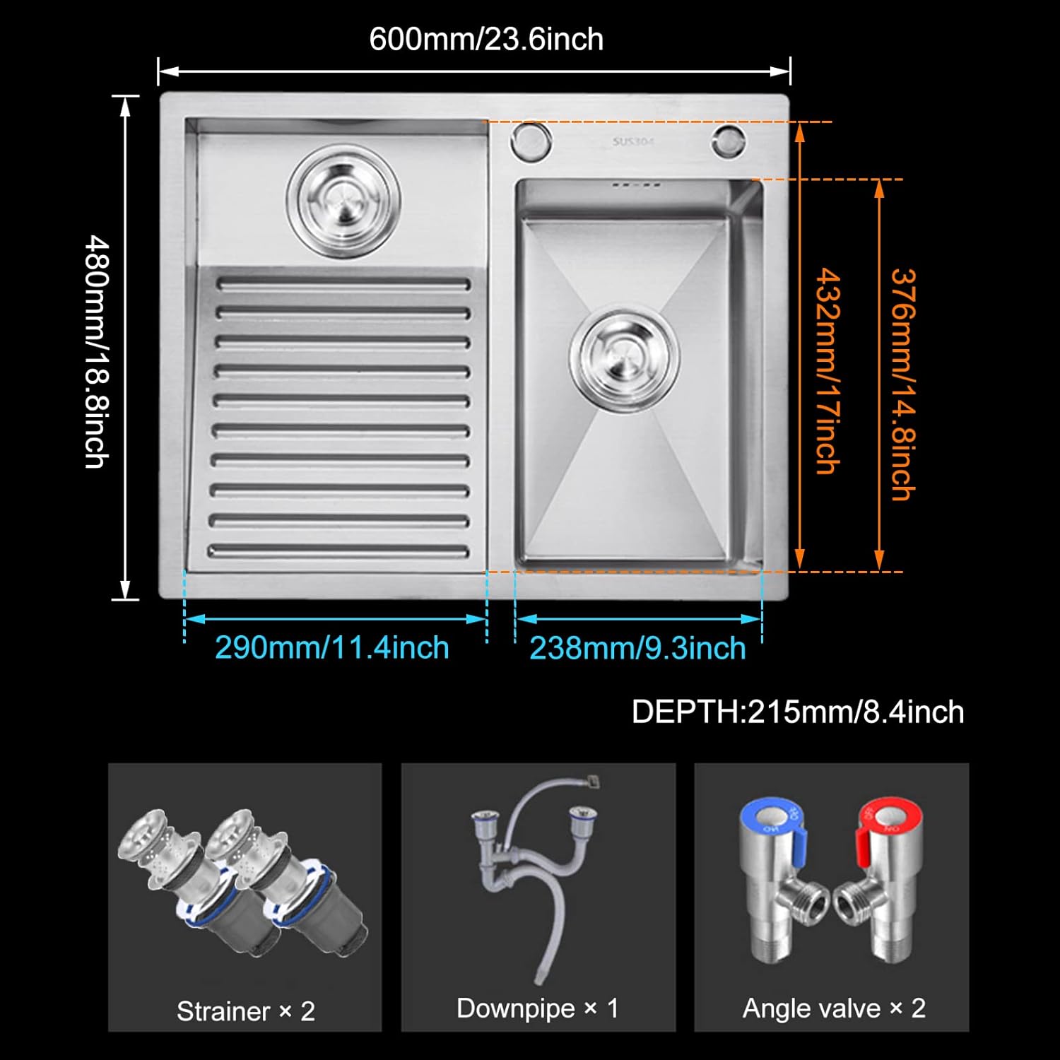 Laundry Utility Sink With Washboard Stainless Steel Kitchen Sink Household Pool Balcony Room Wash Basin Easy Clean Double-Bowl (600mm/23.6Inch)