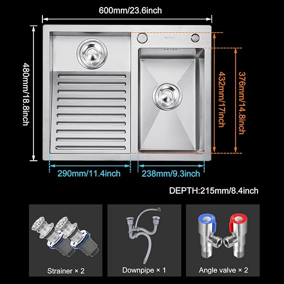 Laundry Utility Sink with Washboard Stainless Steel Kitchen Sink Household Pool Balcony Room Wash Basin Easy Clean Double-Bowl (600mm/23.6Inch)