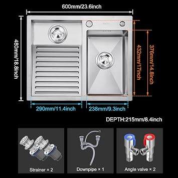 Laundry Utility Sink with Washboard Stainless Steel Kitchen Sink Household Pool Balcony Room Wash Basin Easy Clean Double-Bowl (600mm/23.6Inch)
