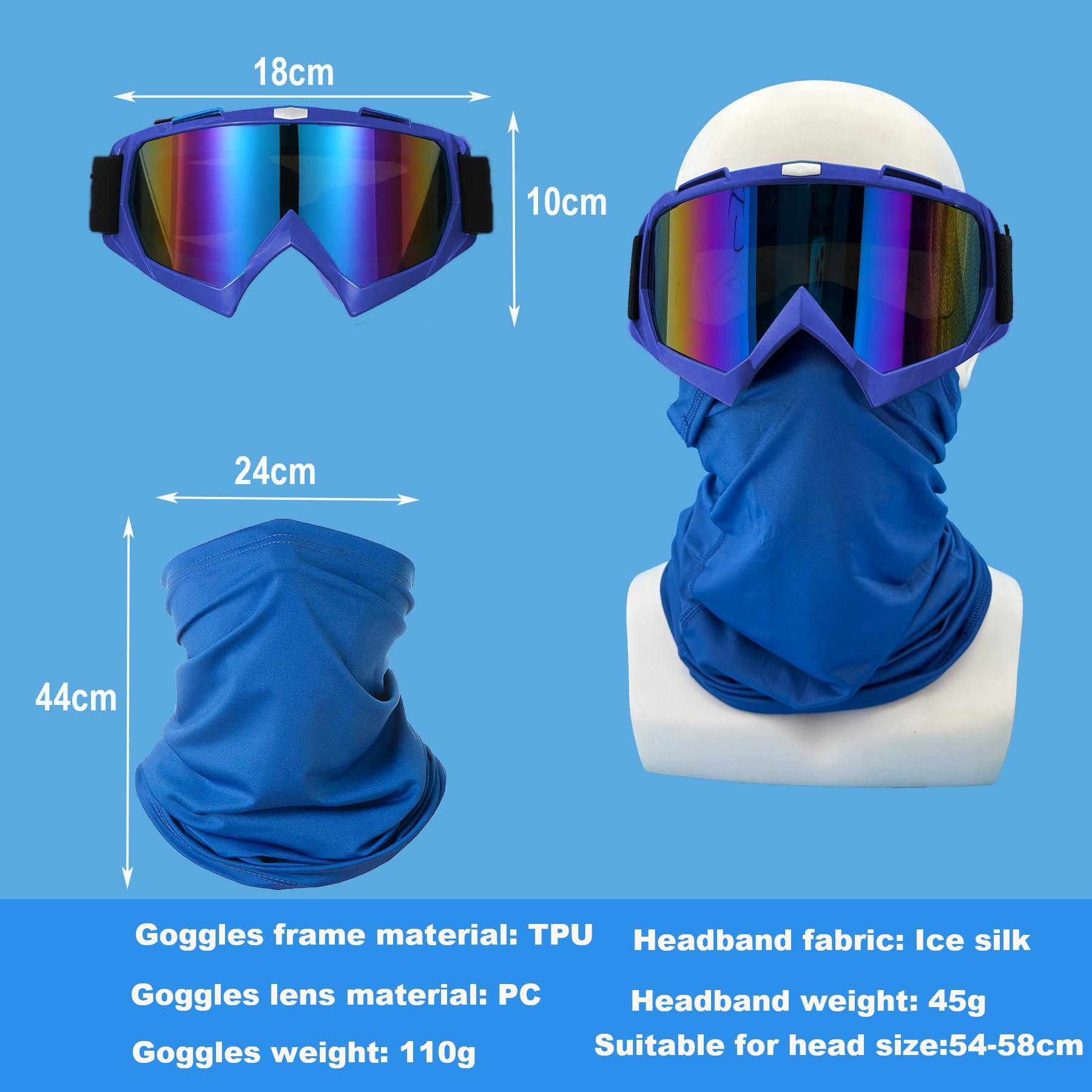 LJDJ Motorcycle Goggles Dirt Bike ATV Off-Road Riding Motocross Glasses with Sun UV Protection Neck Gaiter Face Cover (Blue/Colorful Lens)