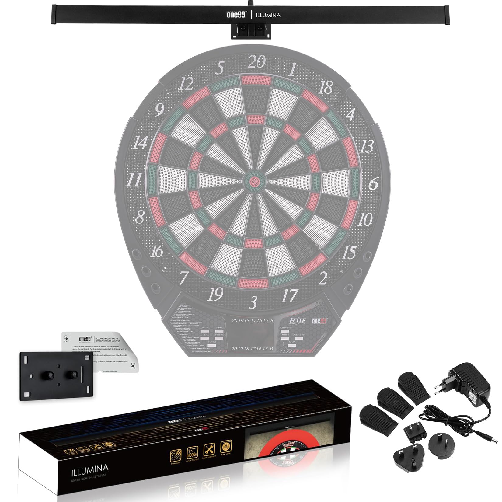ONE80 Dartscheibe Beleuchtung Dart Illumina LED Beleuchtung für Dartscheibe Kork Dartscheibe Elektronisch Dartboard licht System Dartboard Beleuchtung System mit gebrandetem kleinen
