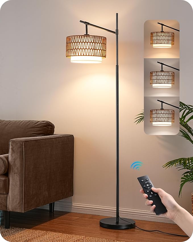 EDISHINE EDISHINE Rattan Floor Lamp with Dimmable Bulb, 5 Color Temperatures, Adjustable Farmhouse Standing Lamp with Remote, Black Floor Lamps for Living Room, Office, Bedroom
