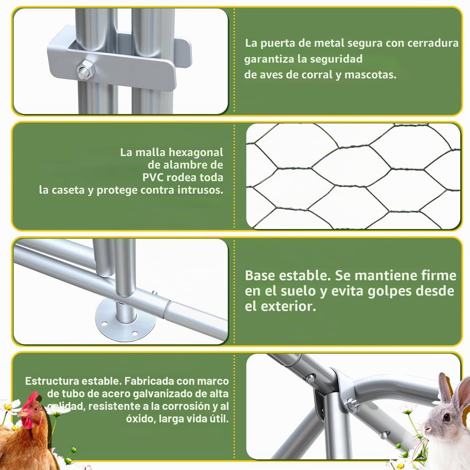 Sonnewelt Recinto para gallineros de acero galvanizado, gallinero, caseta para animales pequeños, gallinero, techo, gallinero, con toldo y puerta para mascotas, jaula de pollos, jaula de pájaros,