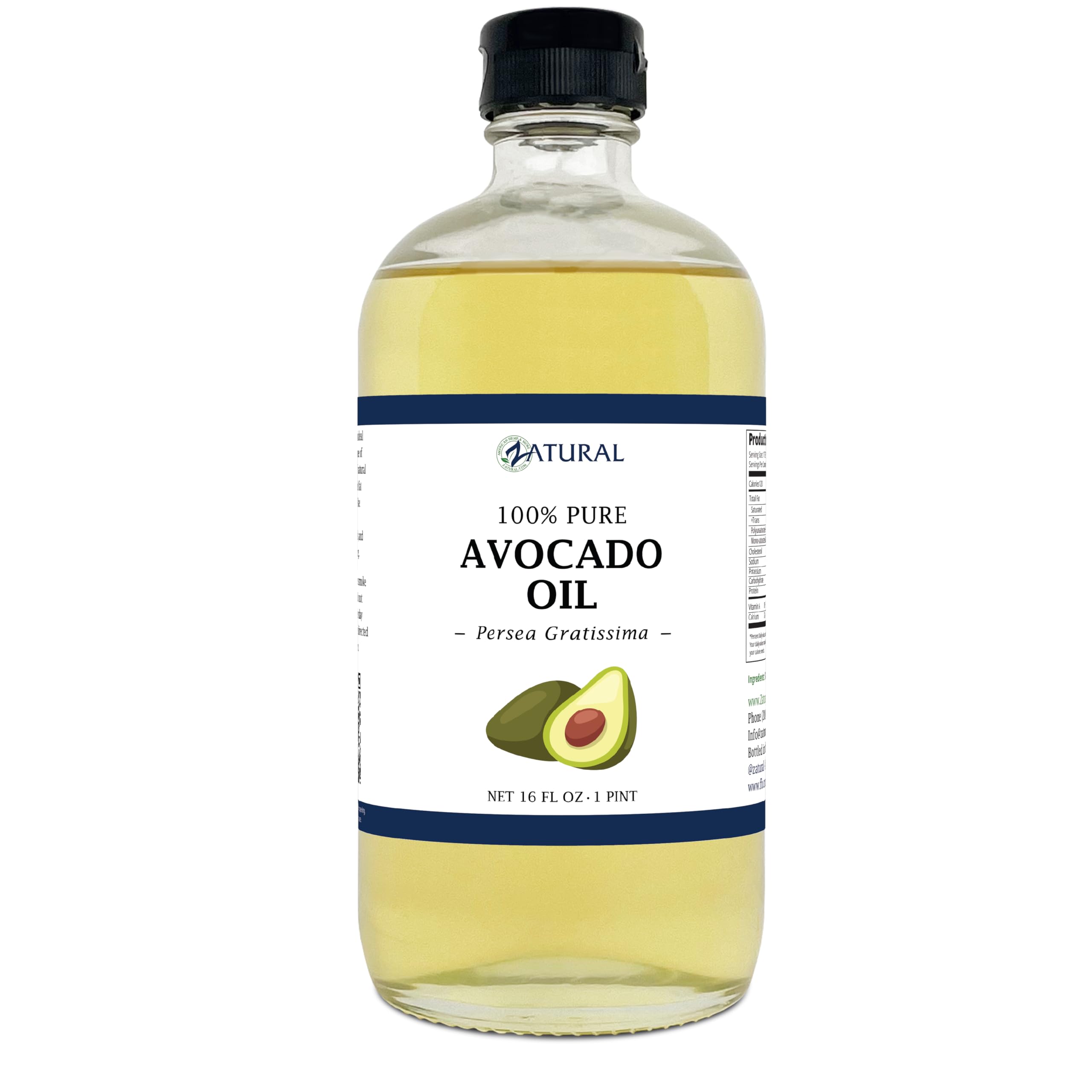 Zatural 100% Avocado Oil Pure Natural Without Additives, Clean, Cold Pressed, Non-GMO, Vegan: for Cooking, Frying, Baking and for Sauces, Dressings, Marinades, Salads (16oz GLASS)