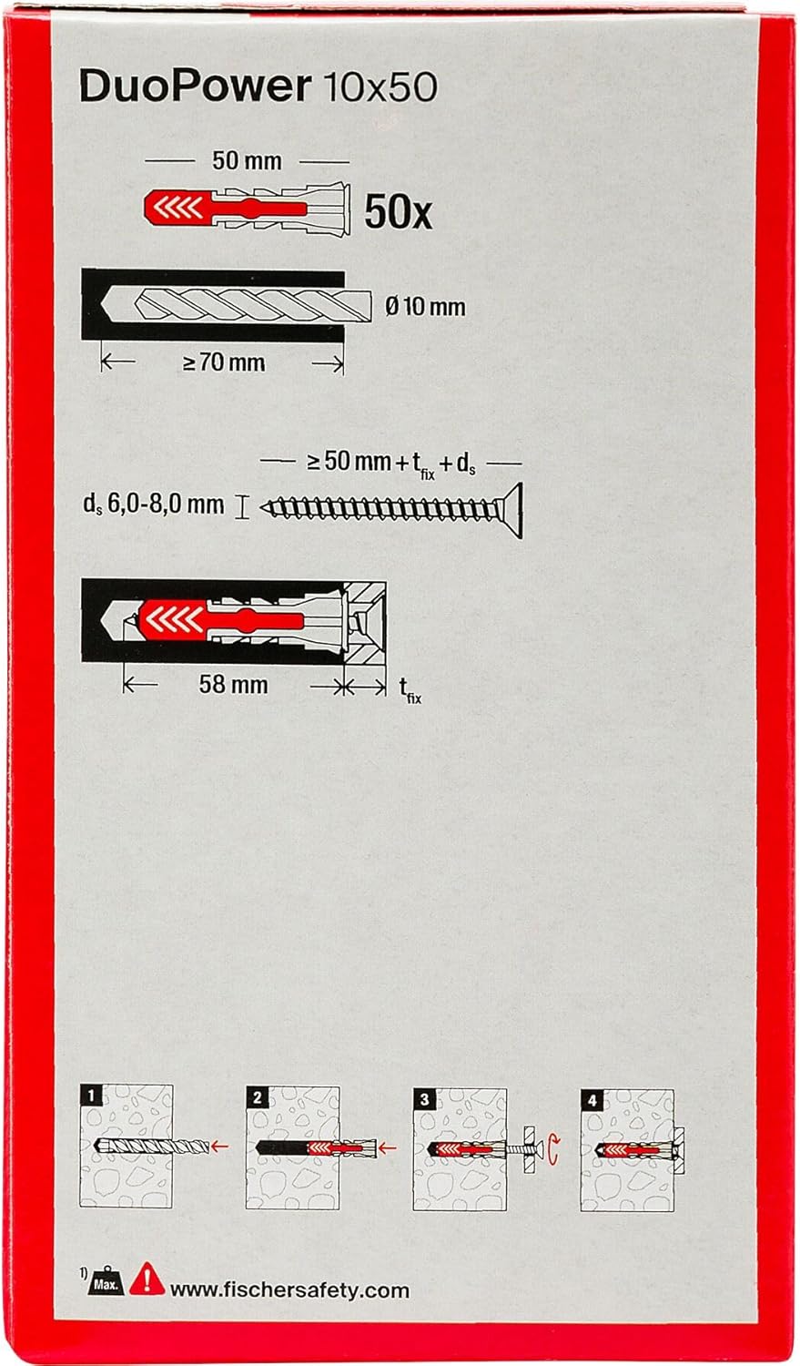 Fischer 537644 DuoPower 10 x 50 mm Wall Plugs, Solid Wall, Perforated Brick, Drywall, 50 x 50 mm