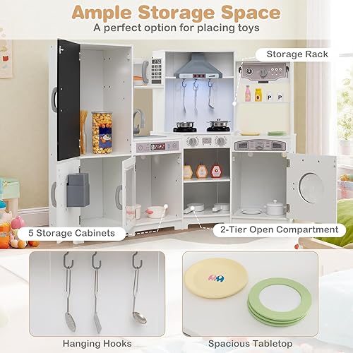 Miniatura 6 de HONEY JOY Cocina de juego de esquina, juego de cocina grande de madera con luces, máquina de hielo y cafetera, campana extractora, pizarra,