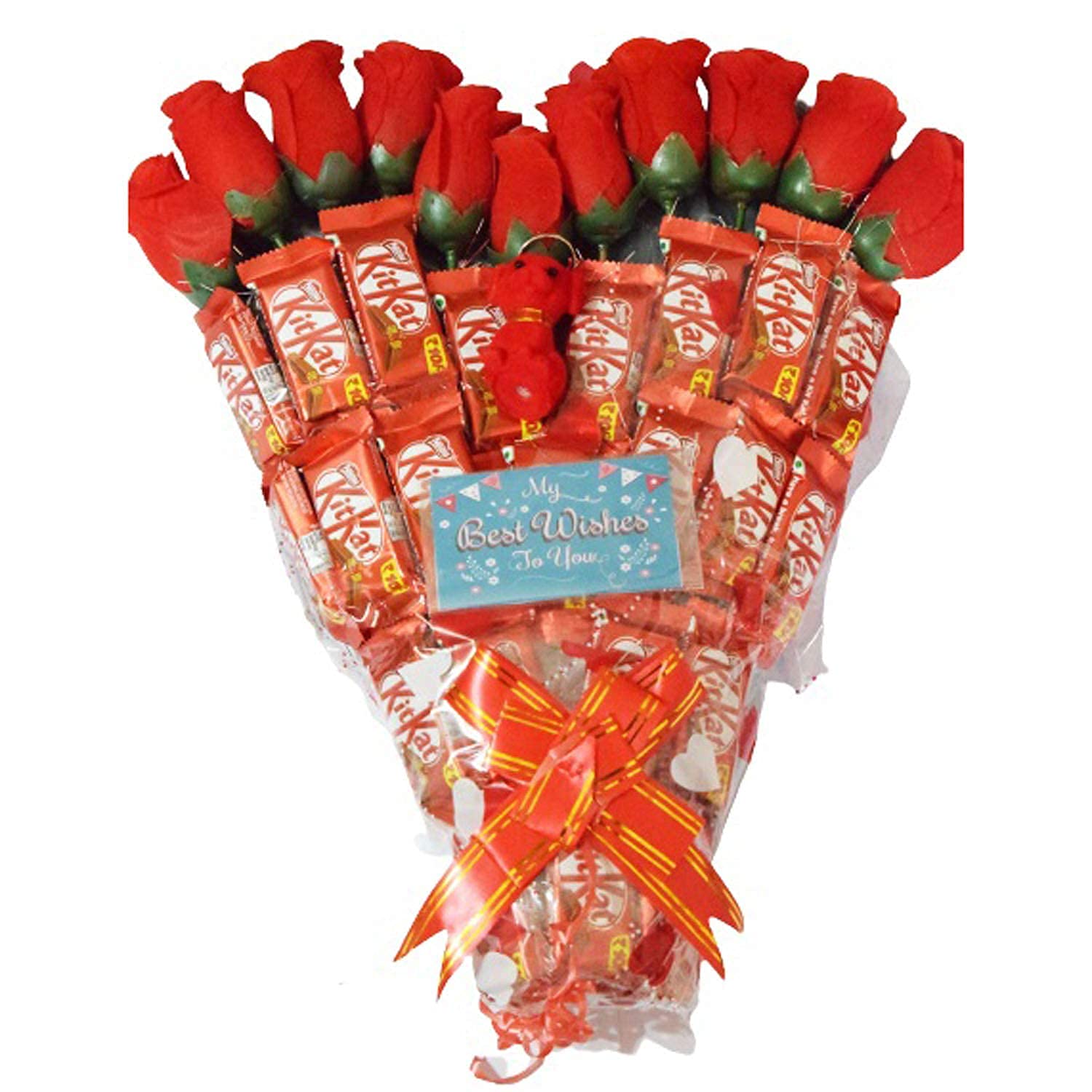 Holy Krishna's Heart Shape Bouquet Of KitKat chocolates Pack Of 10 for Best Wishes & Happy Birthday Card with Soft Toy & Message Card + Laxmi ATM Card (All Items As Shown in Image) 2