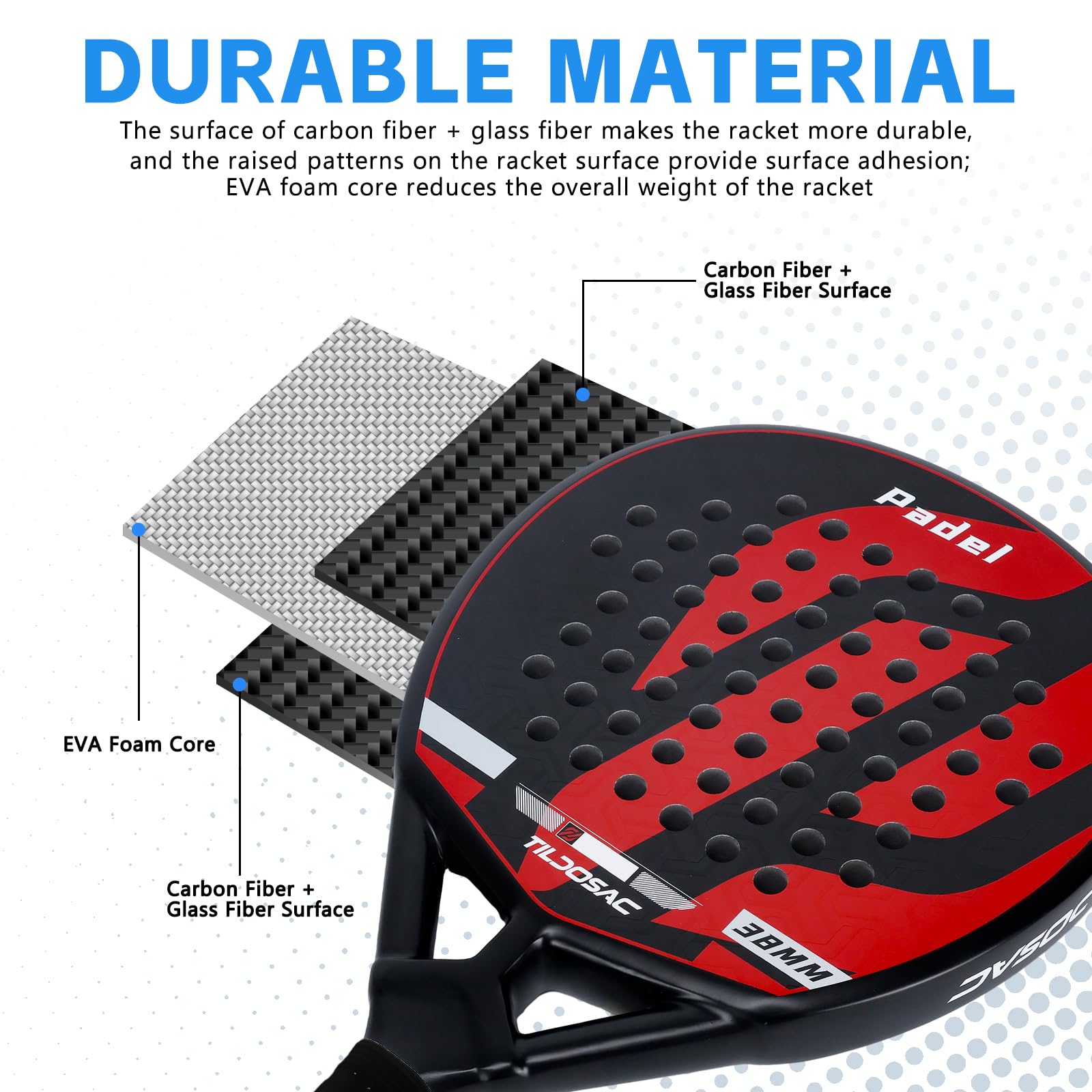 TILDOSAC Pala de pádel para adultos de fibra de carbono y vidrio con núcleo de espuma EVA flexible, raquetas de remo en forma de lágrima para principiantes, jugadores avanzados intermedios, funda de