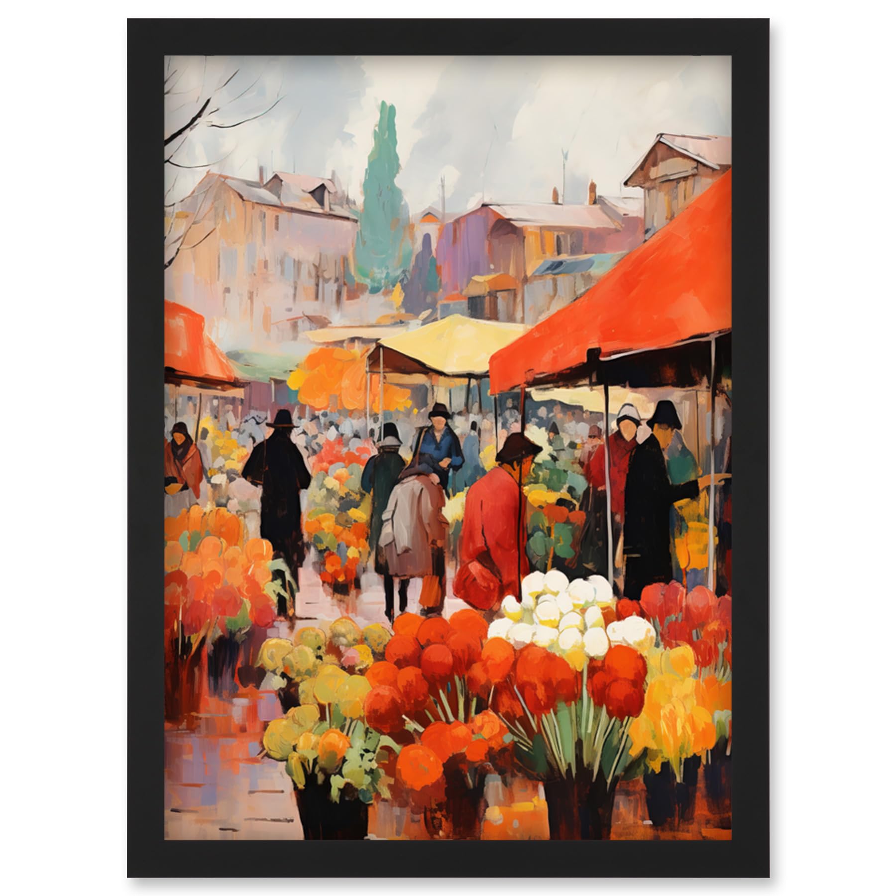 Artery8 Busy Flower Market Warm Amber Orange Yellow Oil Painting Artwork Framed Wall Art Print A4