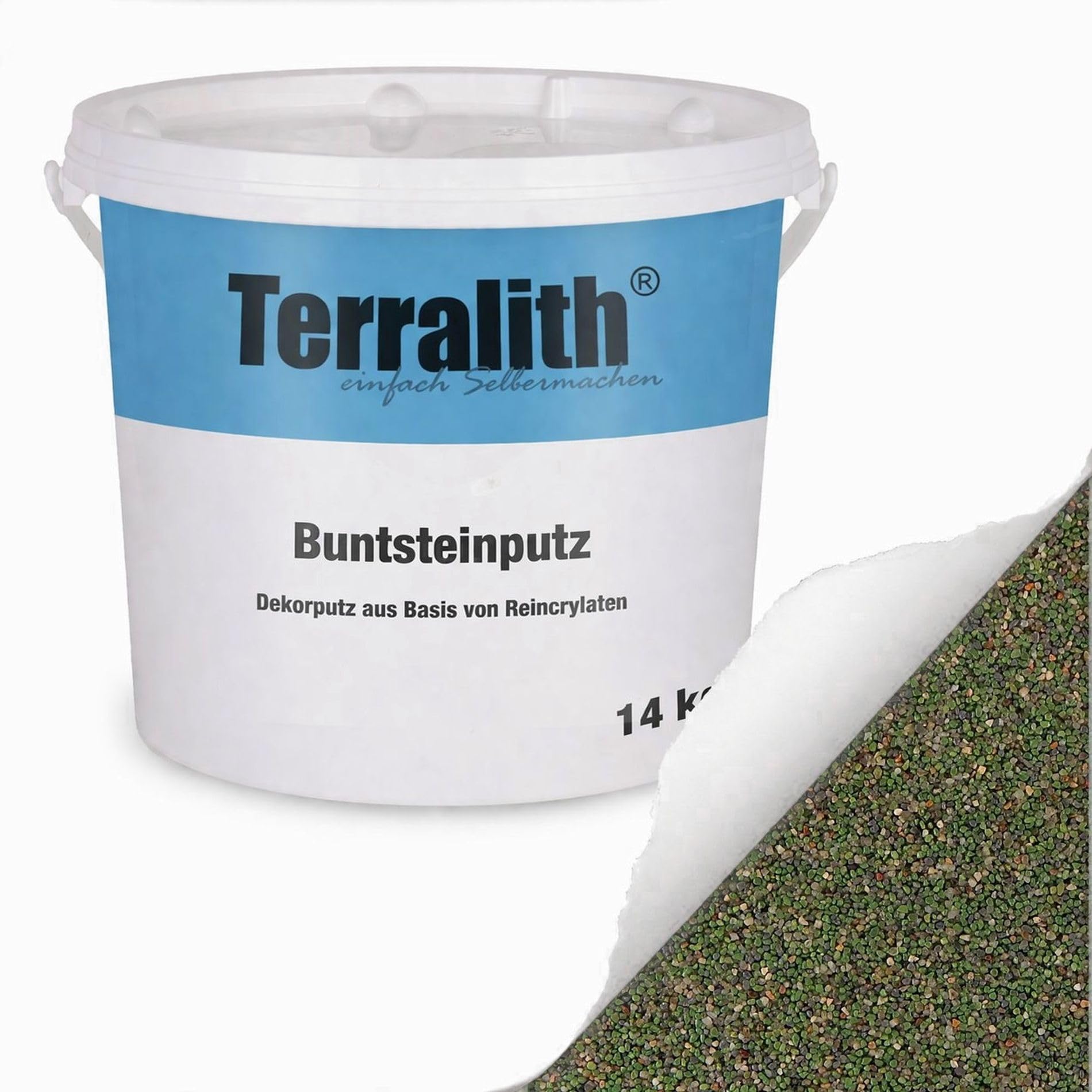 Terralith Buntsteinputz 14kg in grün-beige, Sockelputz für Innen und Außen mit Reinacrylat Bindemittel aus Naturstein, 1-2mm Körnung (BSP13)