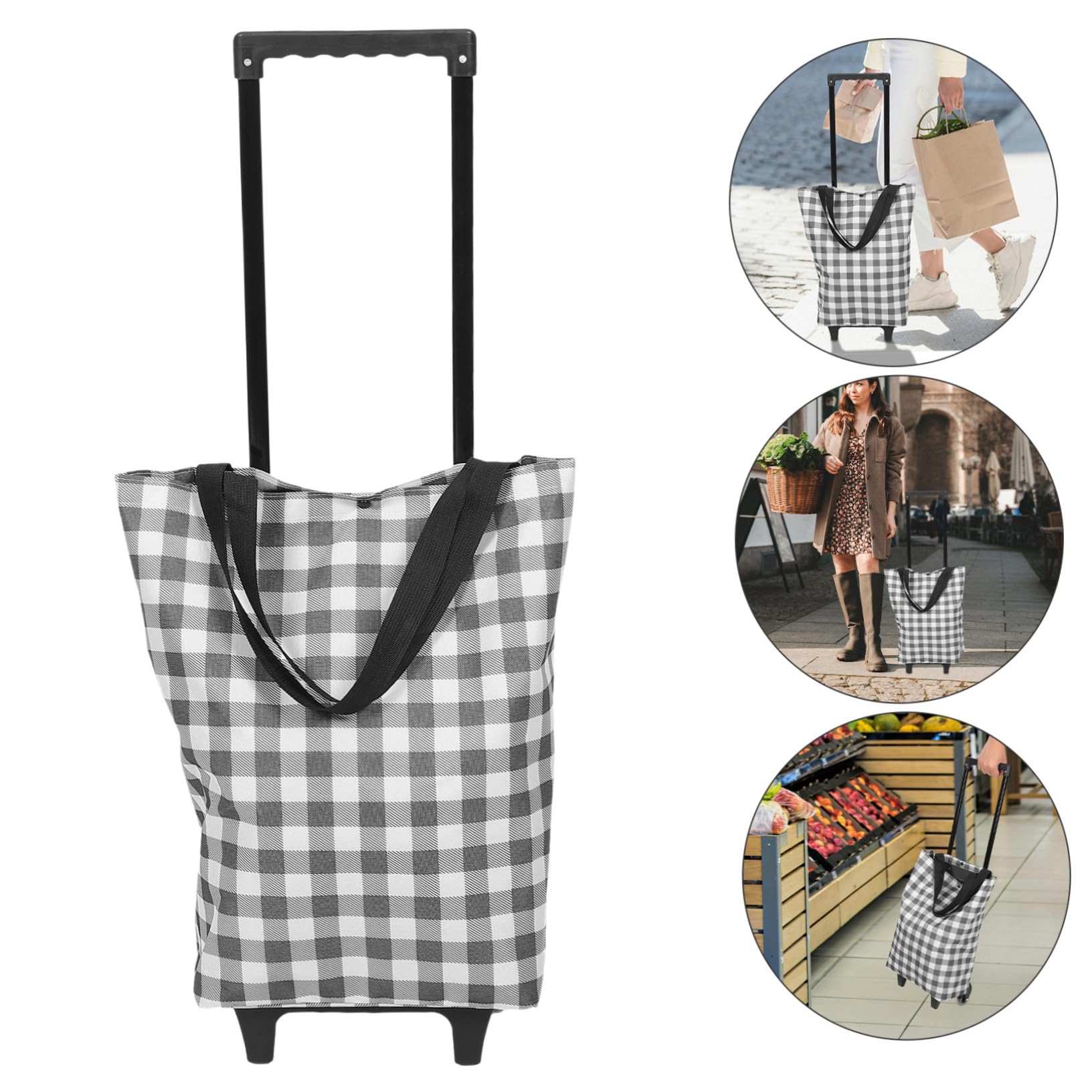 Faltbarer Einkaufswagen mit Rädern – zusammenklappbarer Allzweckwagen für Lebensmittel, stilvolle schwarz-weiße karierte Tasche, tragbarer Ziehwagen für Zuhause, Markt, Outdoor, Reisen
