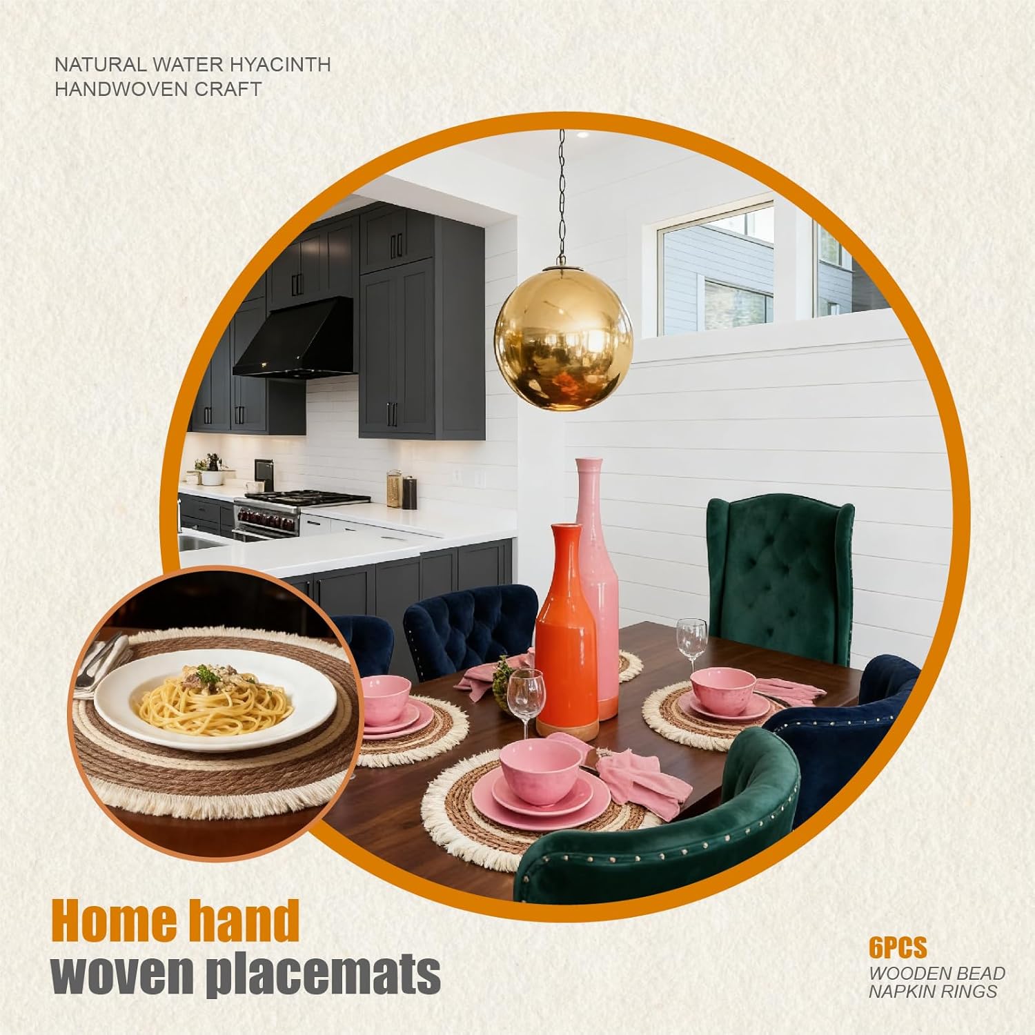 Handmade Boho Placemats Set of 6 - Natural Cotton Burlap and Water Straw Woven Combination Table Mats, Macrame Décor and Farmhouse Style Placemats, for Dining Table Kitchen