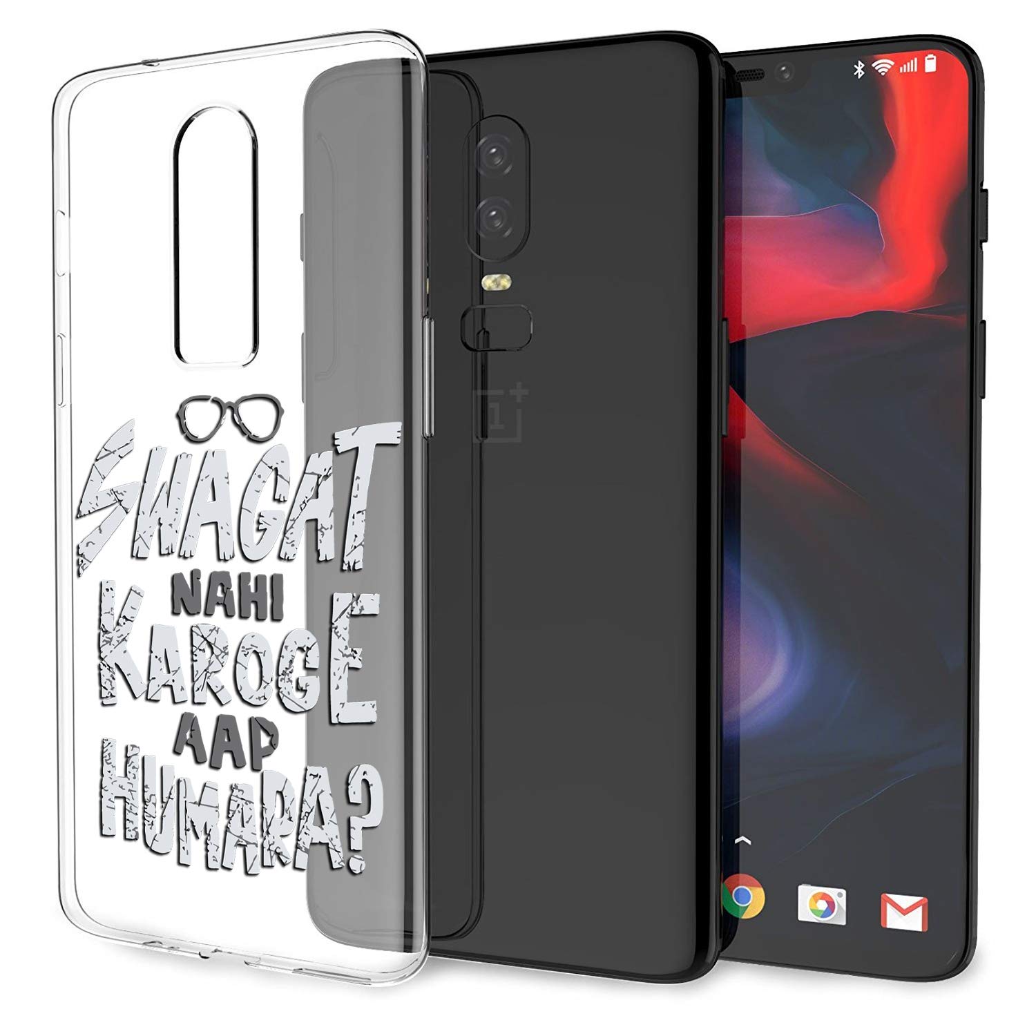 FashionurySWAGAT NAHI KAROGE AAP HUMARA'' Printed Designer Slim Light Weight Back Cover Case for Oneplus 6 [Transparent]