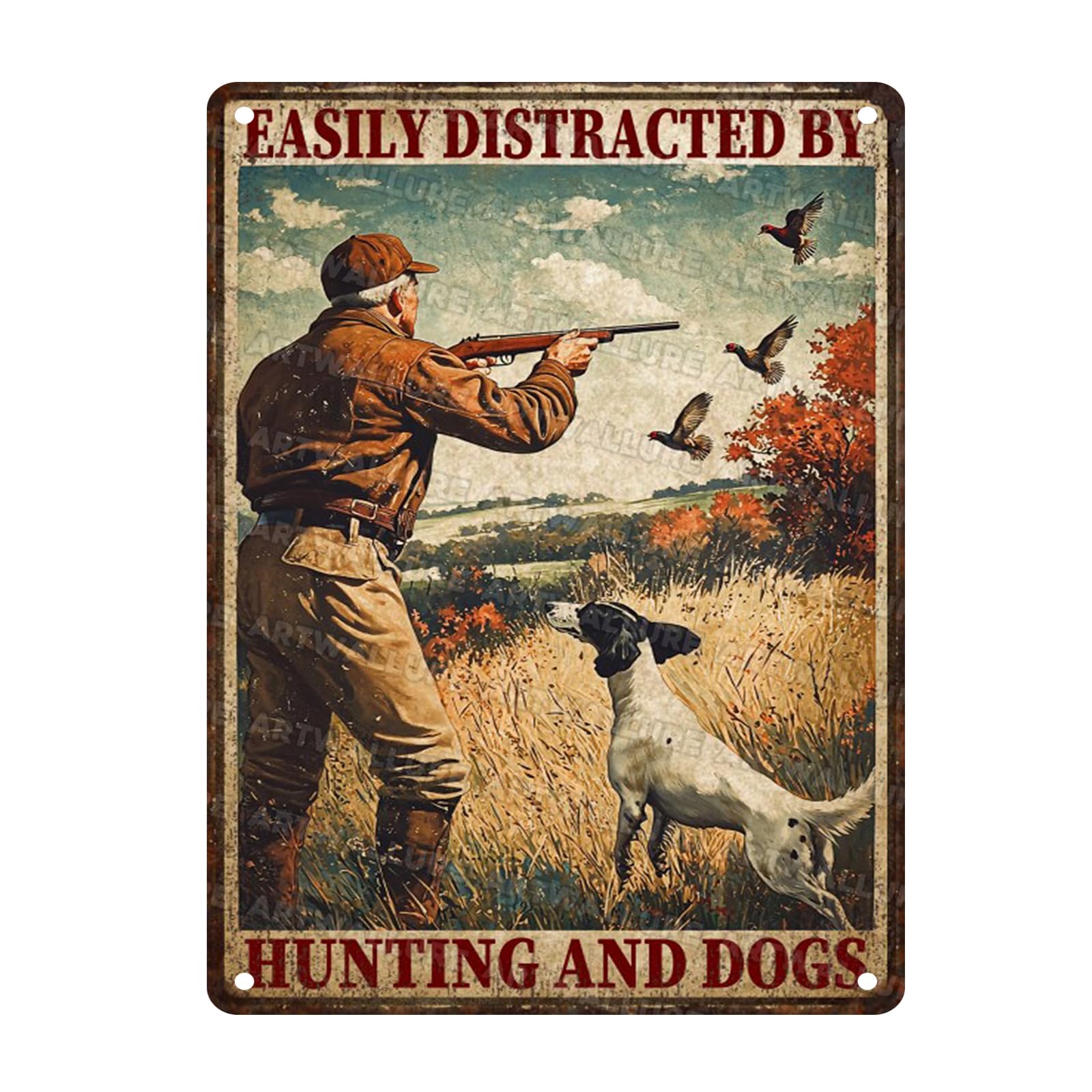 Hunting Theme Metal Tin Sign Rustic Wall Decor Vintage Cabin Lodge Art Man Cave Decor Easily Distracted By Hunting And Dogs Quote 12x16inch