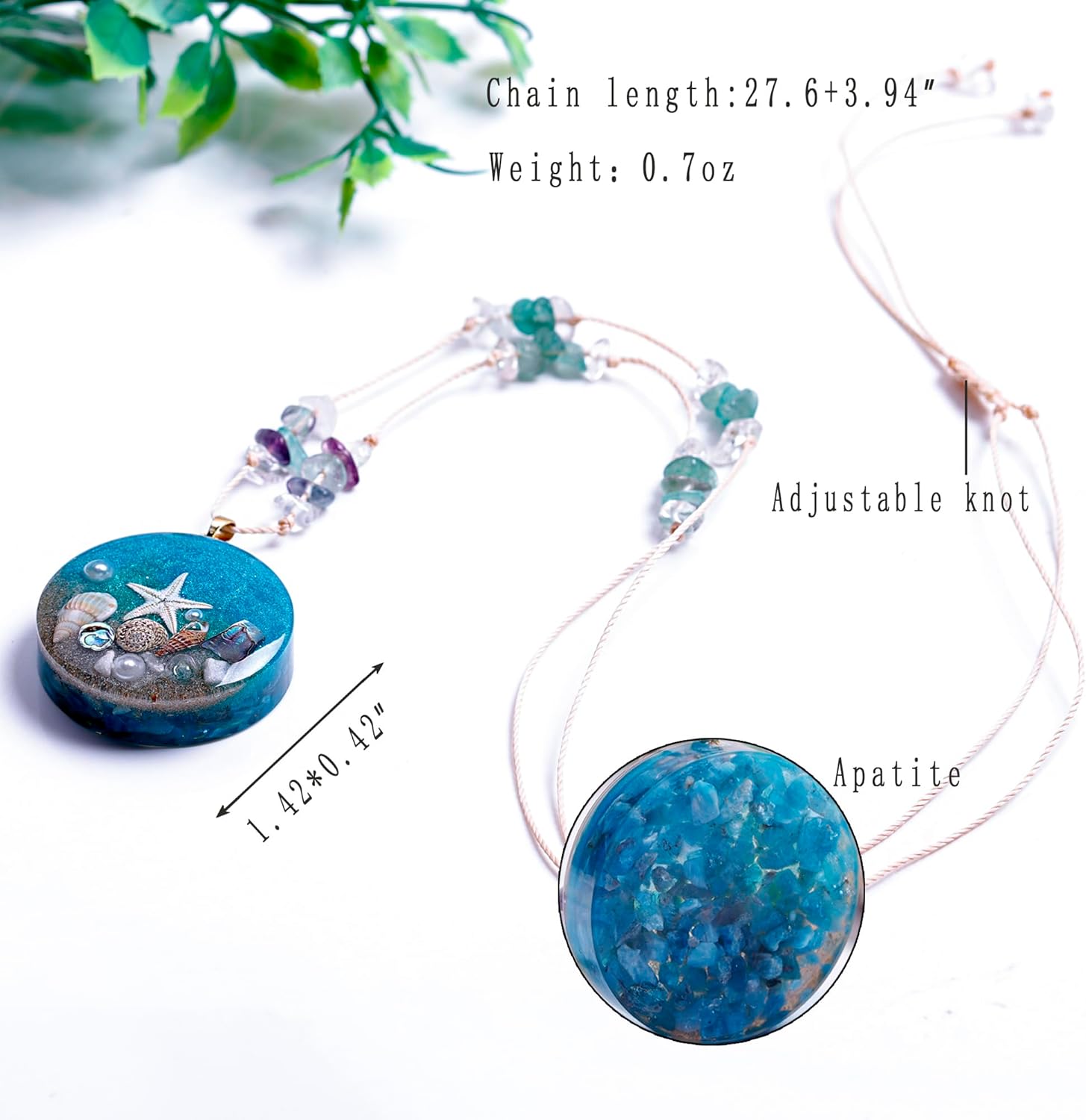 Da Piao Liang Ocean Theme Resin Pendant Necklace, Starfish and Seashell Design, 27.6-31.5" Adjustable Chain, Blue Apatite, 0.7oz