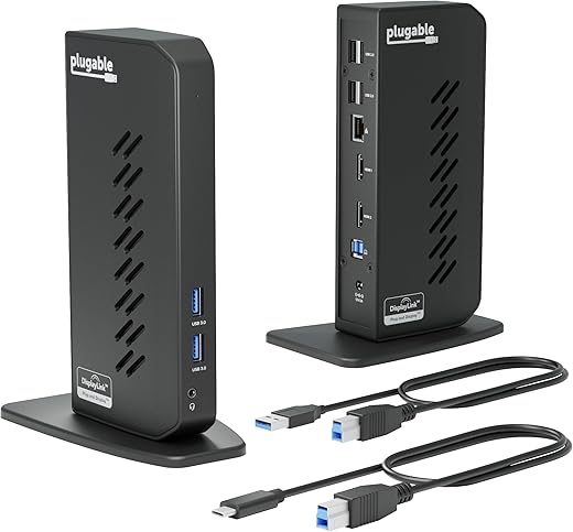 Plugable USB 3.0 and USB-C Universal Laptop Docking Station with 2 HDMI Ports for Windows, Mac (Driver Required), and ChromeOS, Gigabit Ethernet, Audio