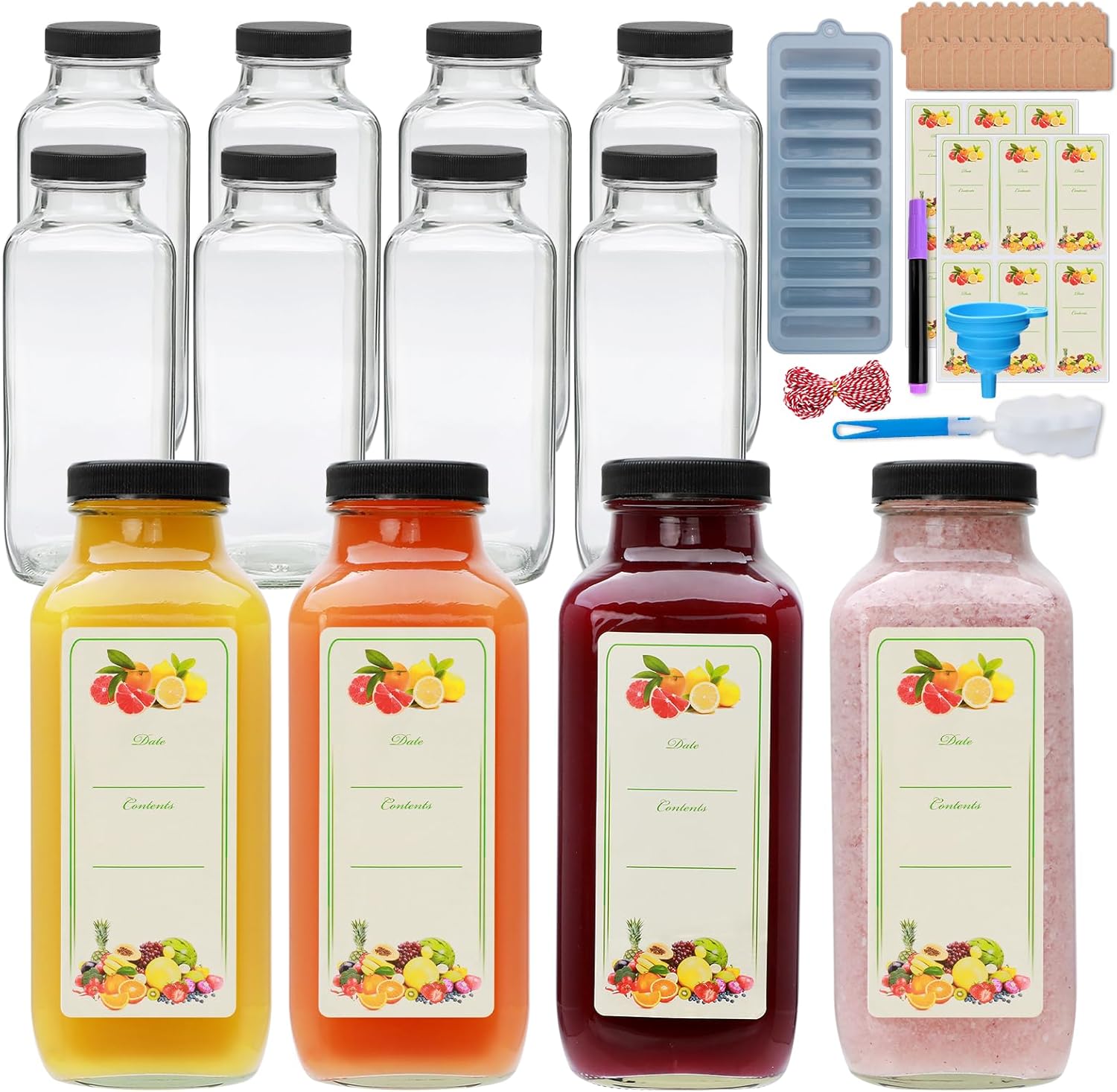 16oz Glass Juice Bottles with Lids,Clear Water Bottles,Glass bottles with lids,Reusable Drinking Jars with Silicone Funnel for Milk,Juicing,Juice（12pack）