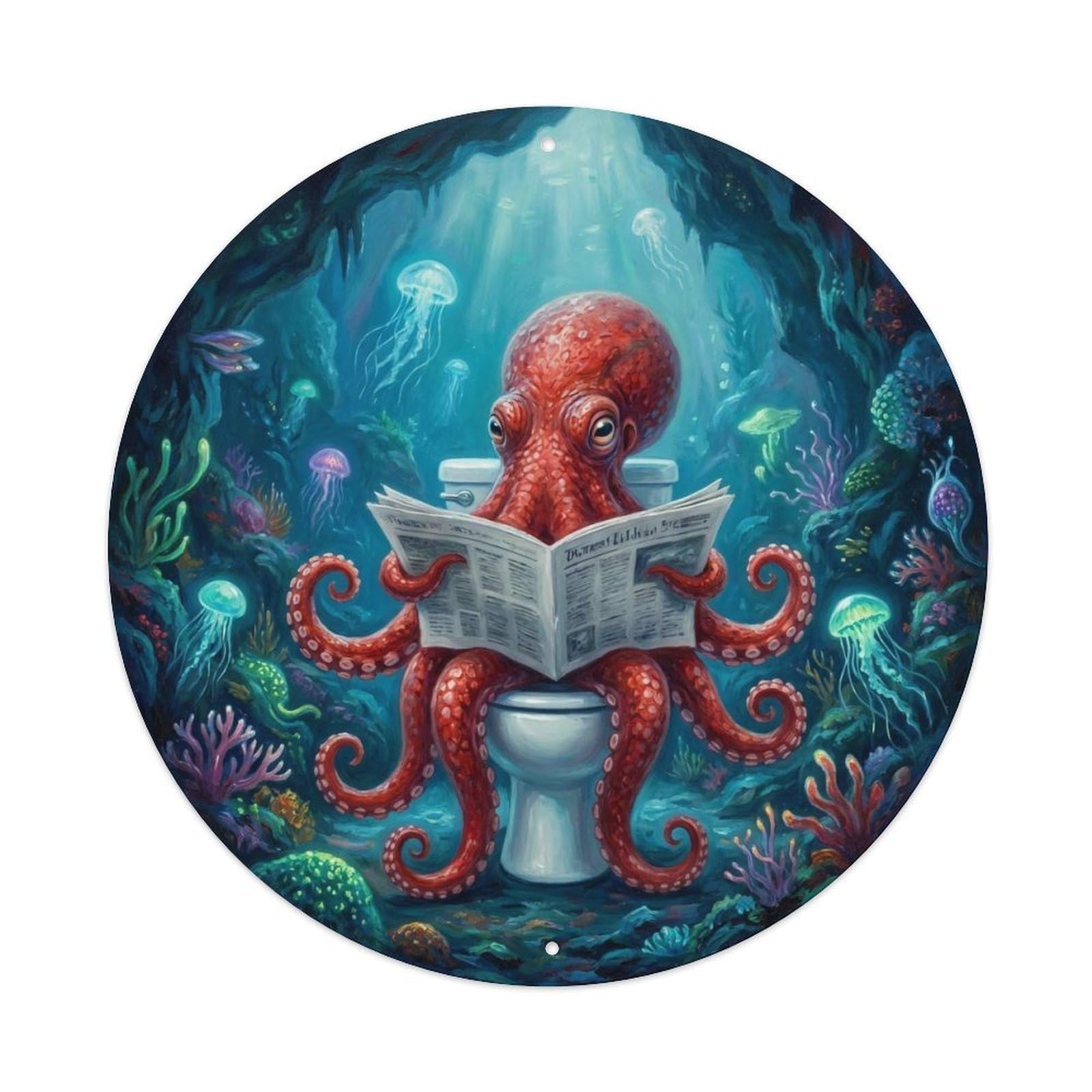 Octopus On Toilet Humorous Bathroom Underwater Cave Metal Tin Sign