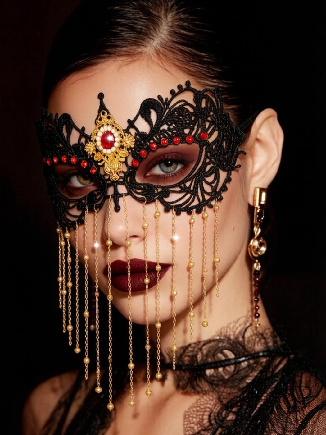 Tgirls Rhinestone Masquerade Lace Mask Women Tassel Beaded Costume Eye Masks for Party