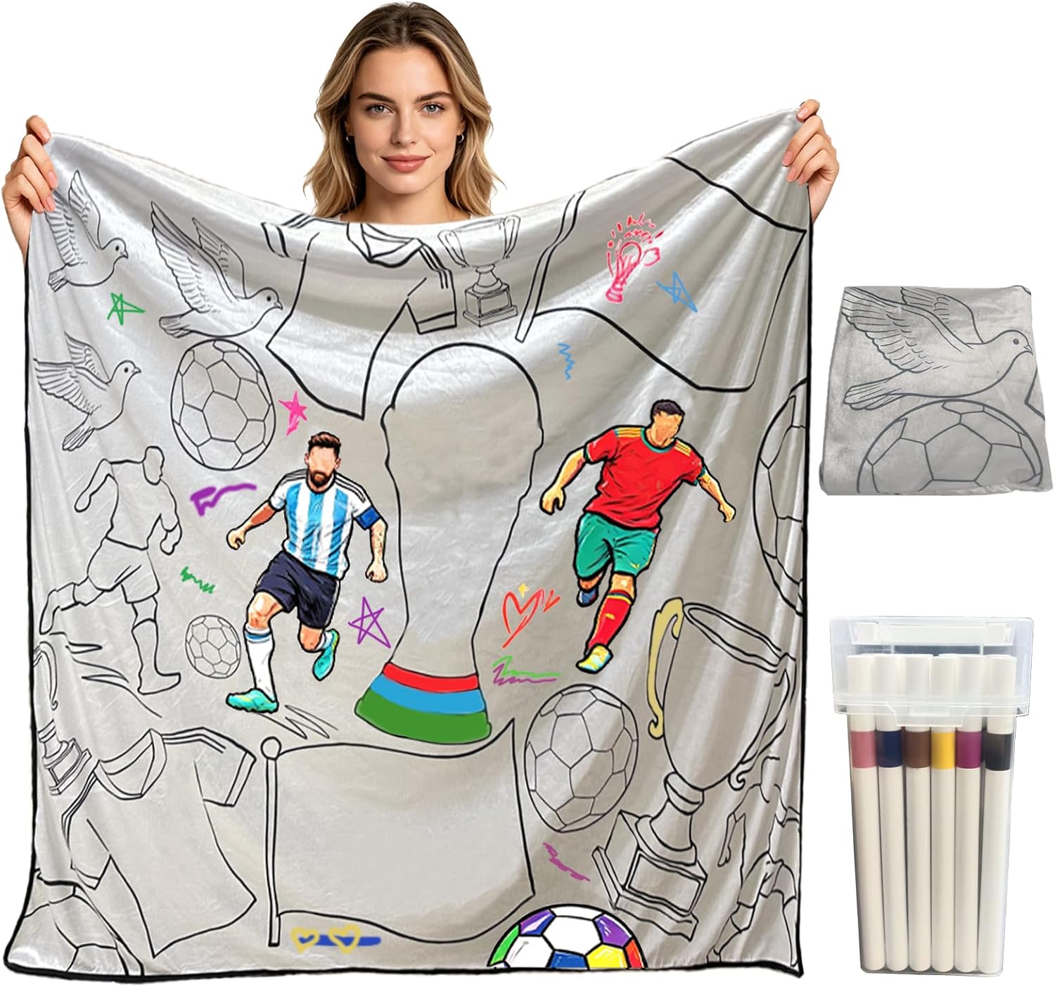 Coloring Blankets for Adults, Soccer Theme 60" * 50", DIY Personalized Art Relax Throw Washable Blanket with 24 Colored Pens, Unique Creative Gift for Family Game Night