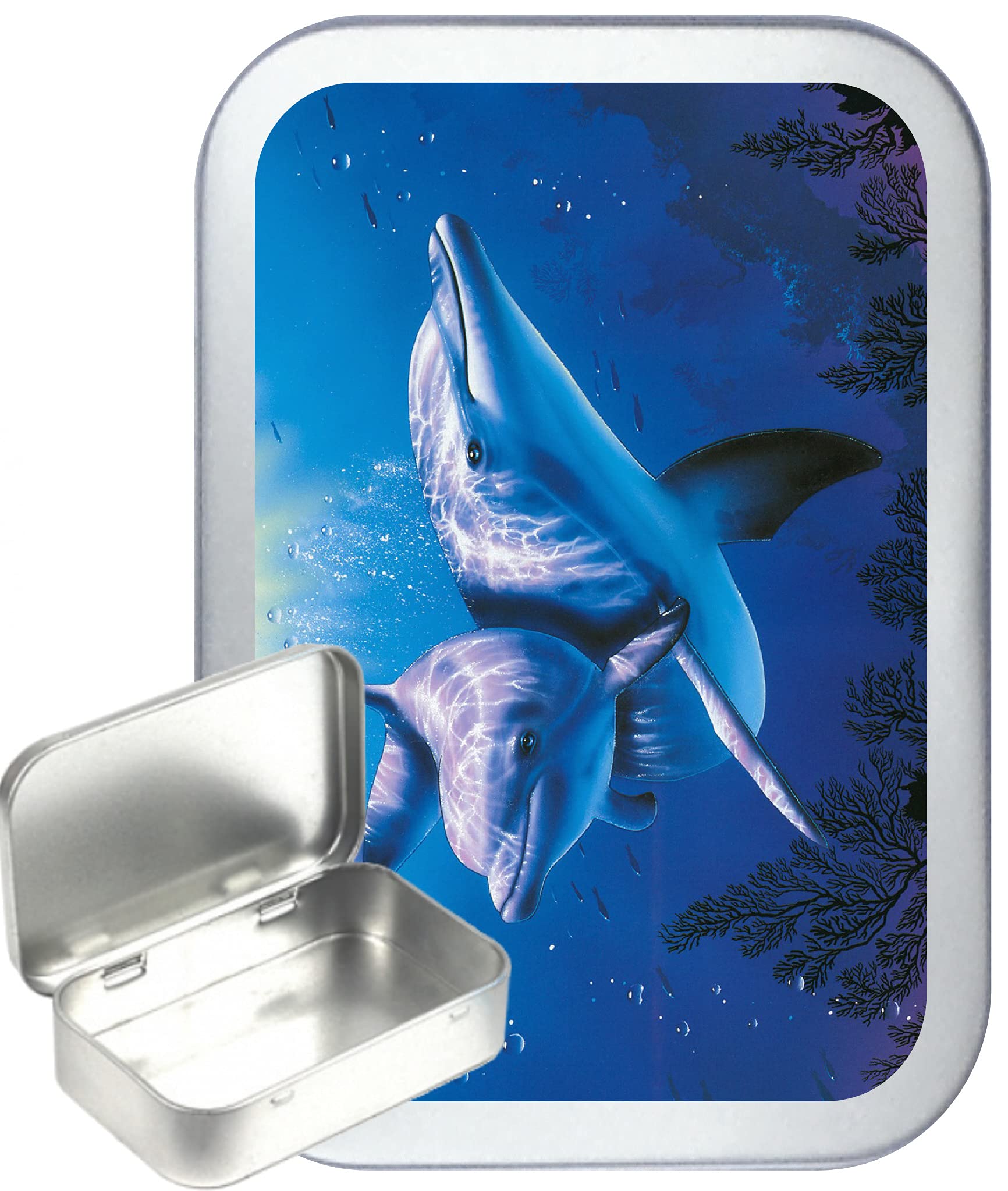 TEEZ Blue Dolphin 50ml Silver Hinged Tobacco Tin, Hinged 1oz Tobacco Tin