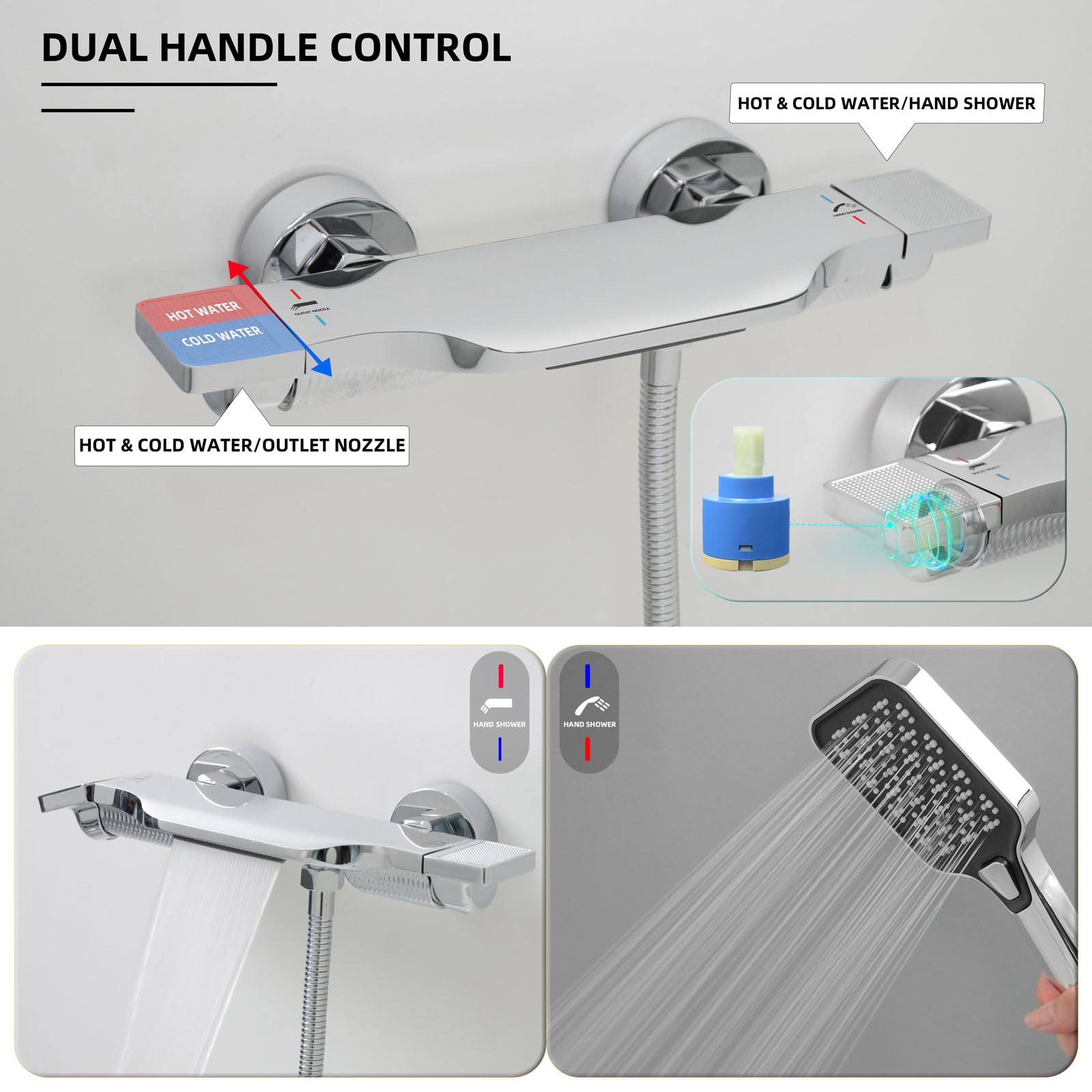 Grifo de Bañera Cascada con Ducha Montado en Pared, Latón Cromo 14Y1OK