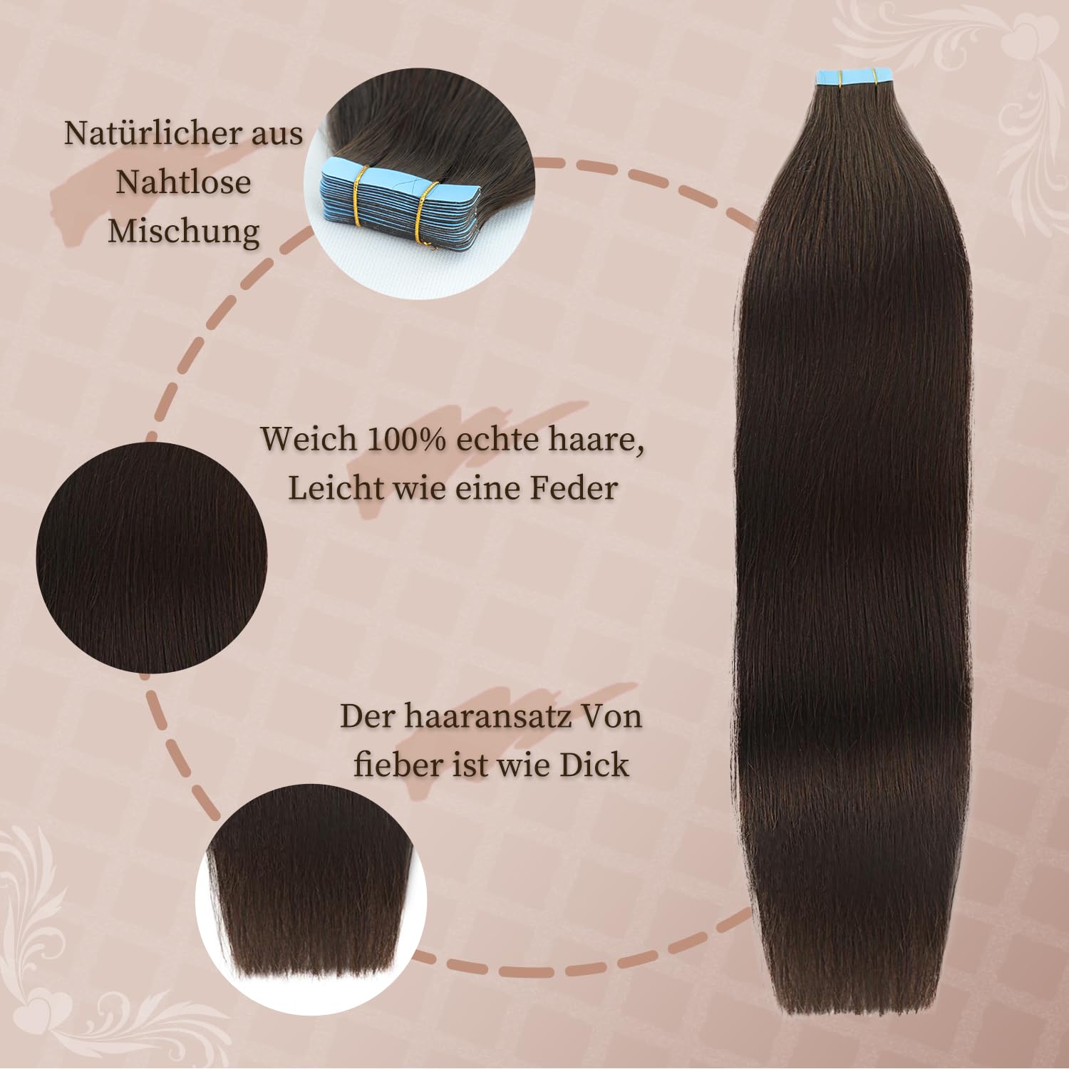 Dark Brown Tape in Hair Extensions Straight Thick Remy Tape in Hair Extensions Human Hair 100% Real Human Hair 20pcs 18 inch - Image 2