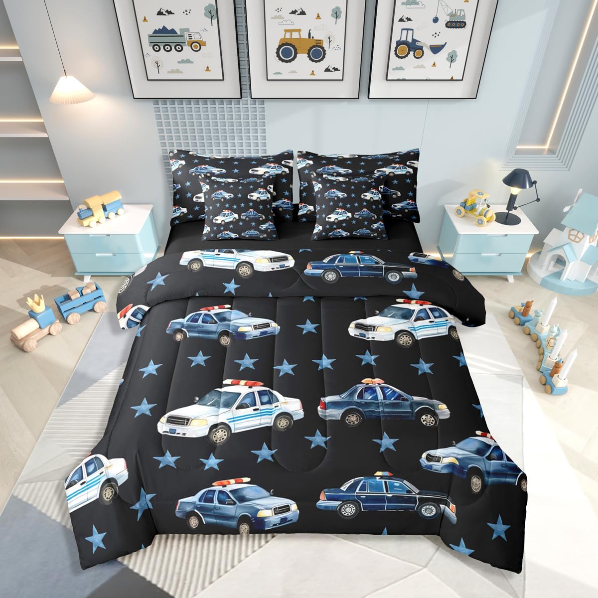 Erosebridal Police Car 7 Pieces Bedding Set Twin for Boys, Cartoon Car Comforter Set with Sheets for Kids Teens Youth Men Bedroom, Policeman Vehicle Bed in A Bag, Star Black Bed Sets, Microfiber