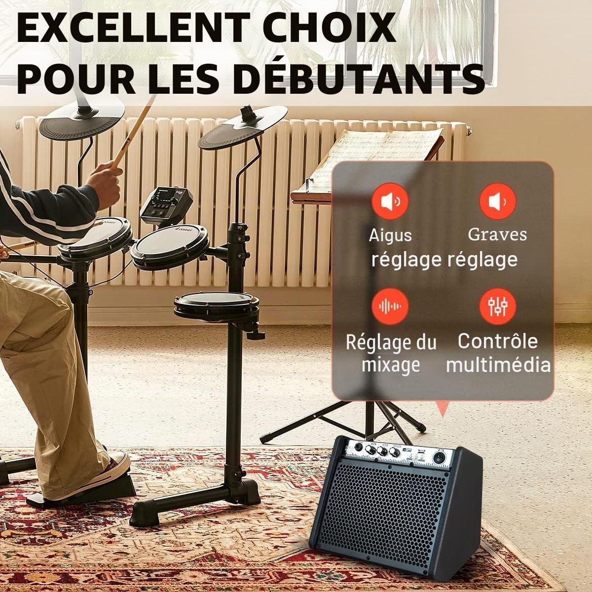 Coolmusic DM20 Bluetooth amplificateur de Moniteur Personnel amplificateur de Batterie électrique Haut-Parleur, Clavier et Haut-Parleur de Guitare Acoustique (20W avec câble)