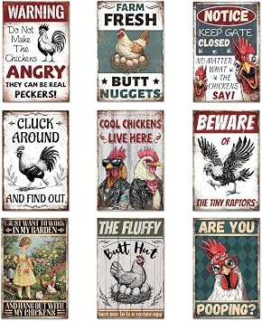 9 Pcs Chicken Coop Signs, Funny Chicken Signs Decor 812 Inch, Metal Tin Sign, Chickens Coops Accessories Garden Sign, Chickens Lovers Gift Easter Decorations Outdoor Decor for Farm Yard