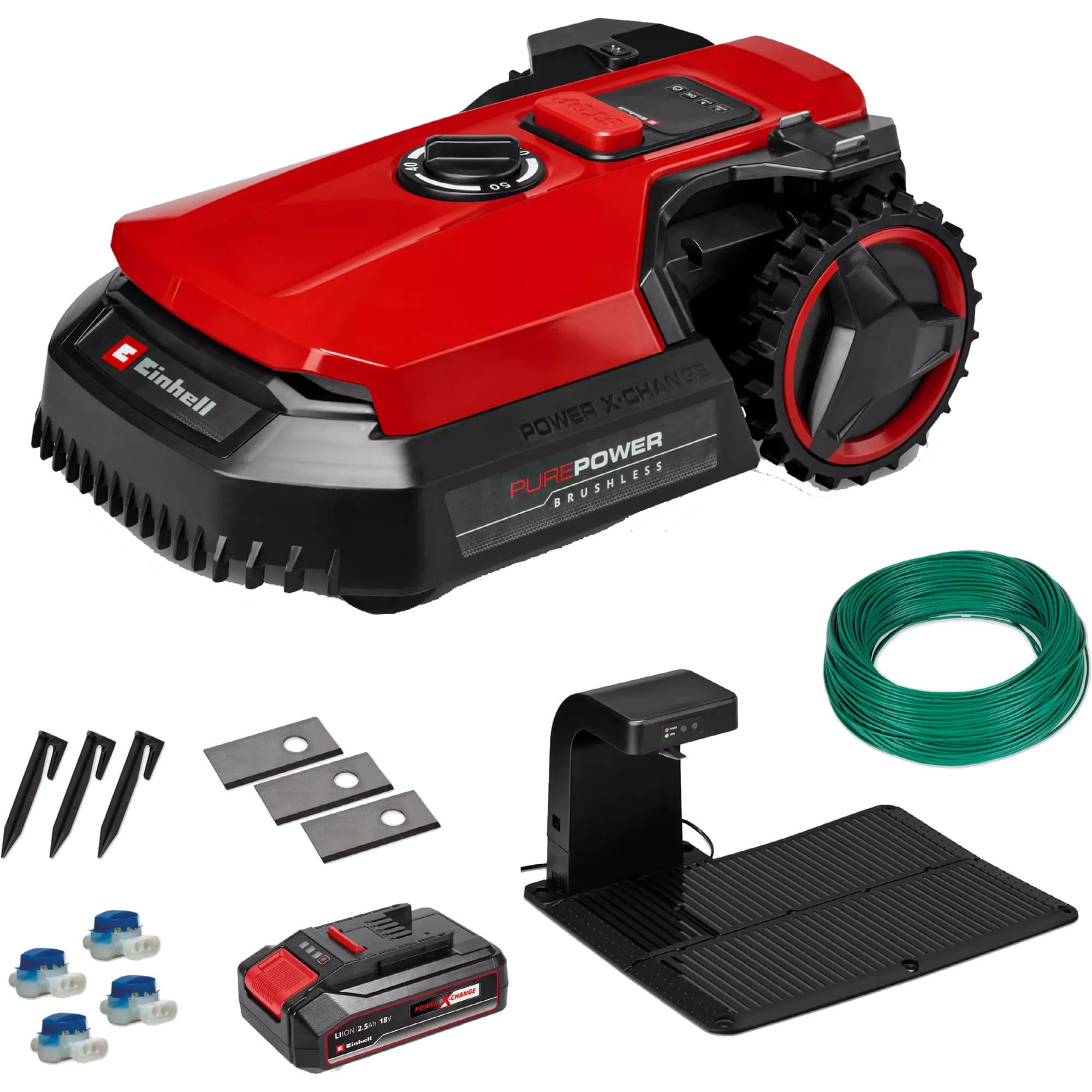 Einhell FREELEXO 500 Power X-Change robot kosiarka (18 V, sterowana aplikacją), IPX5, aktualizacje Over-the-Air (OTA) przez WiFi, z materiałem instalacyjnym do 500 m² i akumulatorem 2,5 Ah Plus)