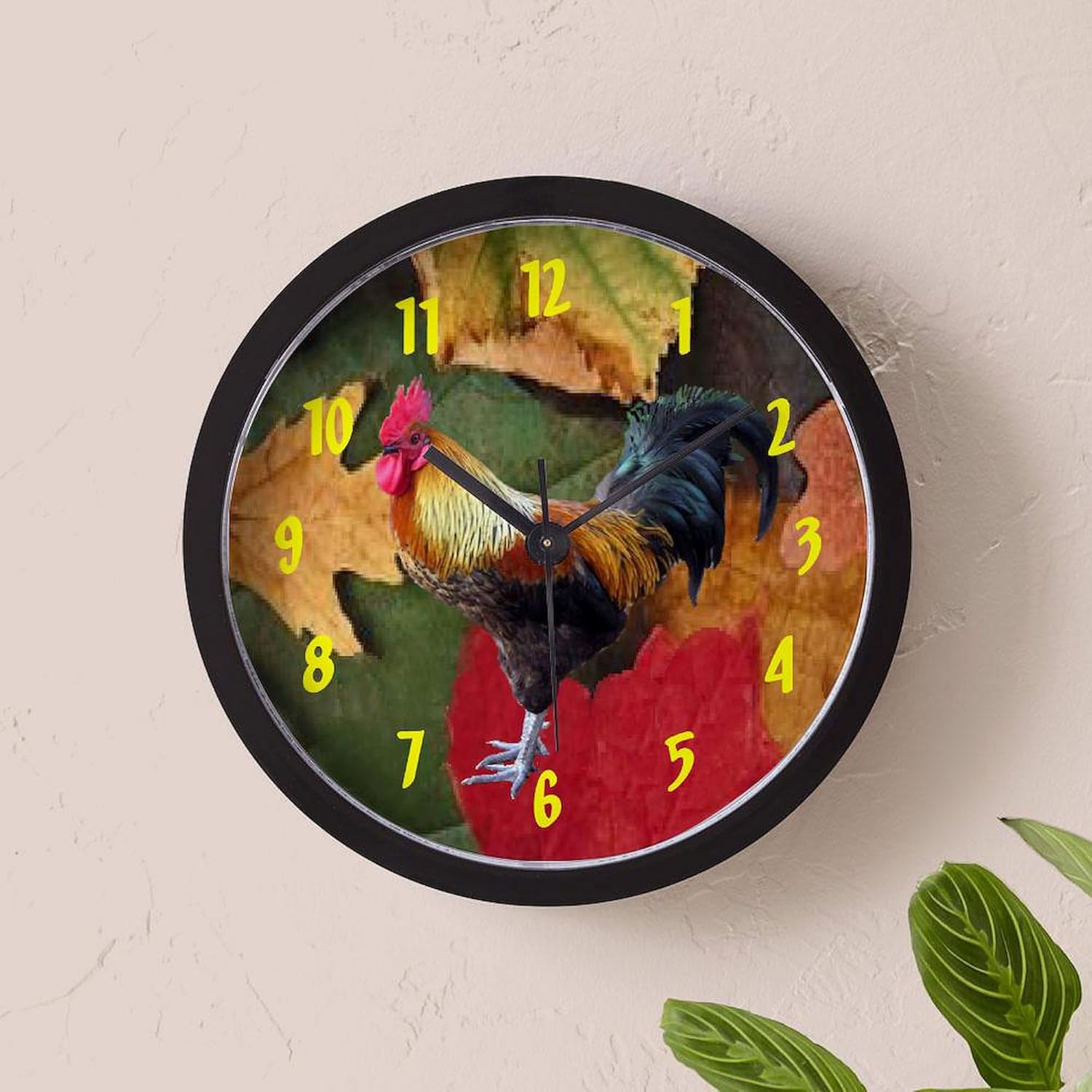 CafePress Rooster Leaves Wall Clock 10inch 10" Wall Clock for Livingroom, Kitchen, or Office