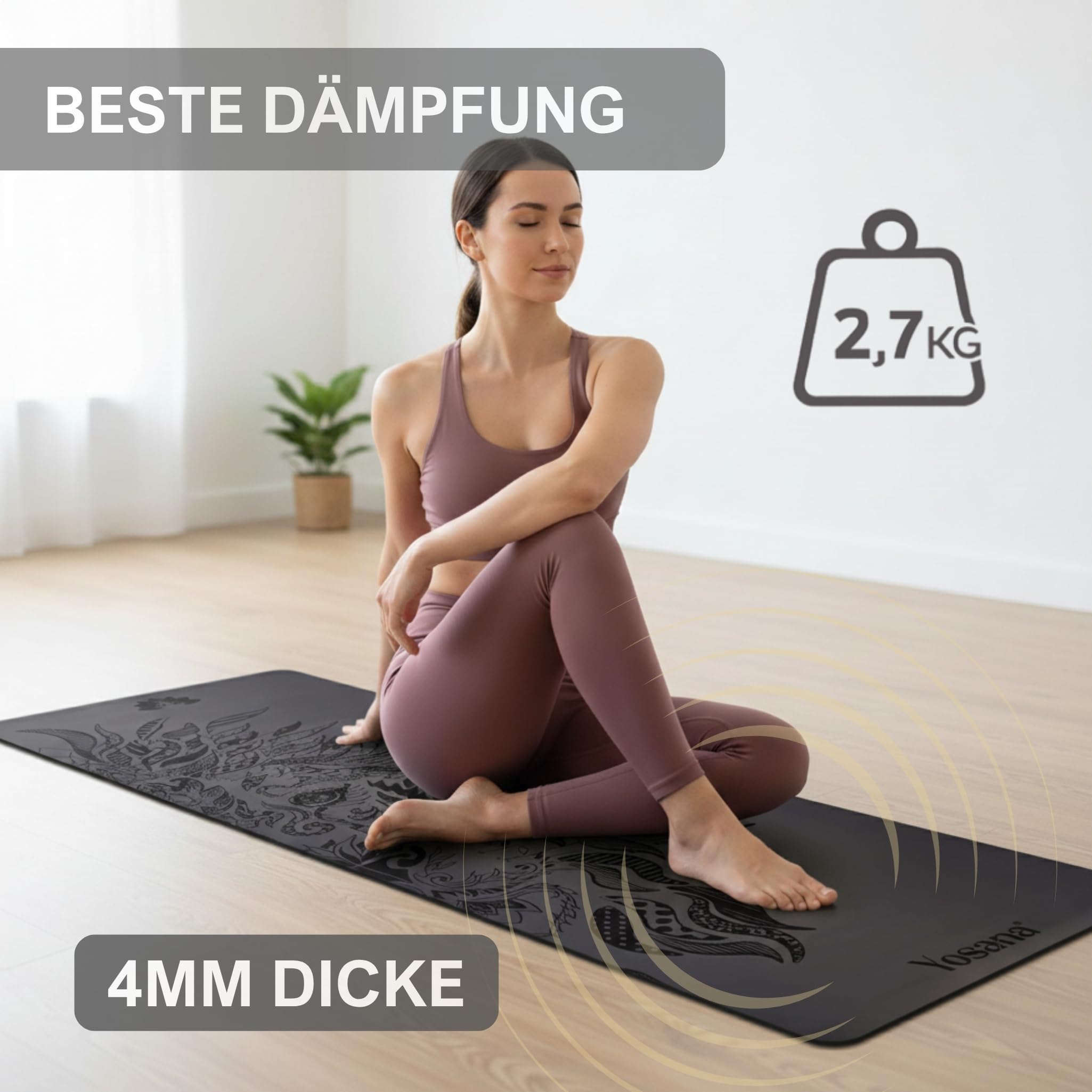 Yosana Yogamatte aus Naturkautschuk | extrem rutschfest | ULTRA GRIP Oberfläche aus ECO PU | extra breit 68cm | inklusive Tragegurt | Yoga matte 183x68cm | 4mm dünn