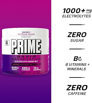 Prime Rapid Rehydration Electrolyte Powder, Berry Citrus Rush, Sugar Free Hydration Drink Mix with Sodium, Potassium, Magnesium & B Vitamins to Replenish Fluids, Caffeine Free, 6 Gallon Tub, 48 SRV