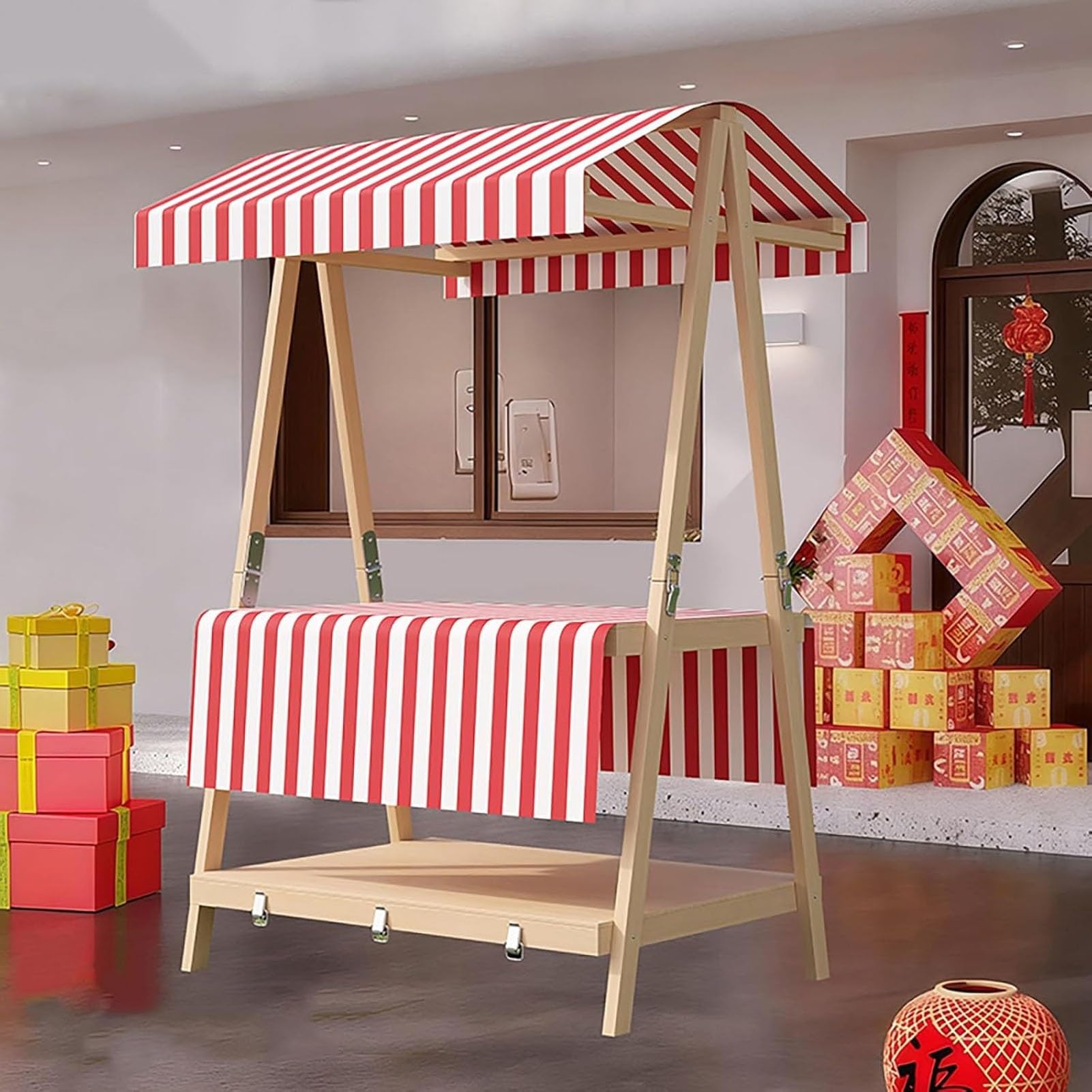 Carrello portatile pieghevole per esterni in legno con tettoia Carrello di distribuzione a 2 livelli per venditori di cibo da strada Stand alimentare mobile Attrezzature per il mercato degli