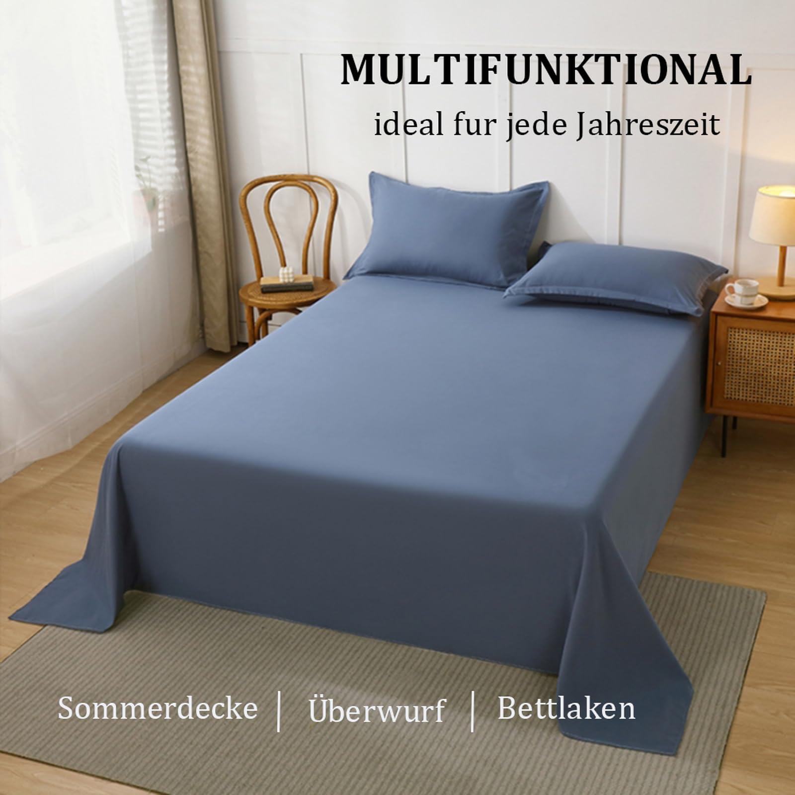 Bettlaken 200 x 230 cm Leintuch ohne Gummizug Flache Laken aus 100 % Baumwolle Betttuch ohne Gummi Hauchzartes Leintuch für hohe Matratzen hellgrau mit 2 Kissenbezug