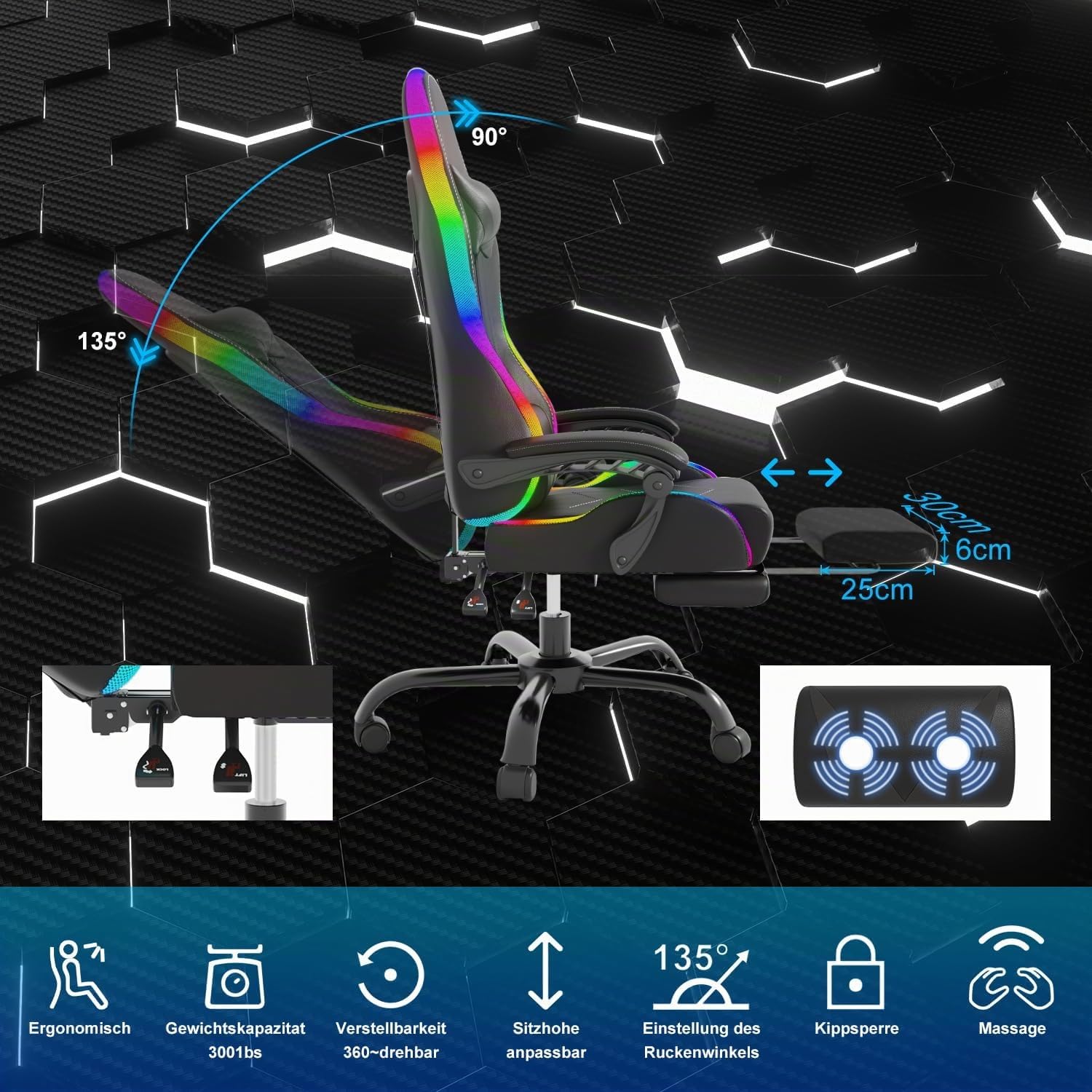 JUMMICO Sedia da gioco con LED, Cool Racing Gamer, sedia ergonomica da ufficio con funzione massaggiante, schienale regolabile 90-135°, con poggiapiedi telescopico, capacità di carico 150 kg, colore