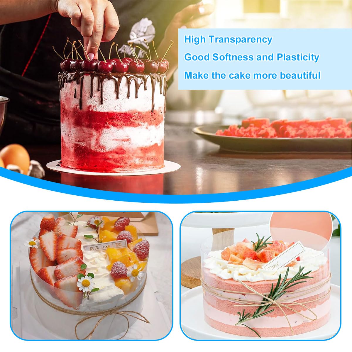 Rollo de Acetato Transparente para Repostería – Lámina de Acetato para Bordes de Tartas, 5m x 6/8/10cm – Papel de Acetato Alimentario – Ideal para Decorar Pasteles, Chocolate, Mousse y Postres