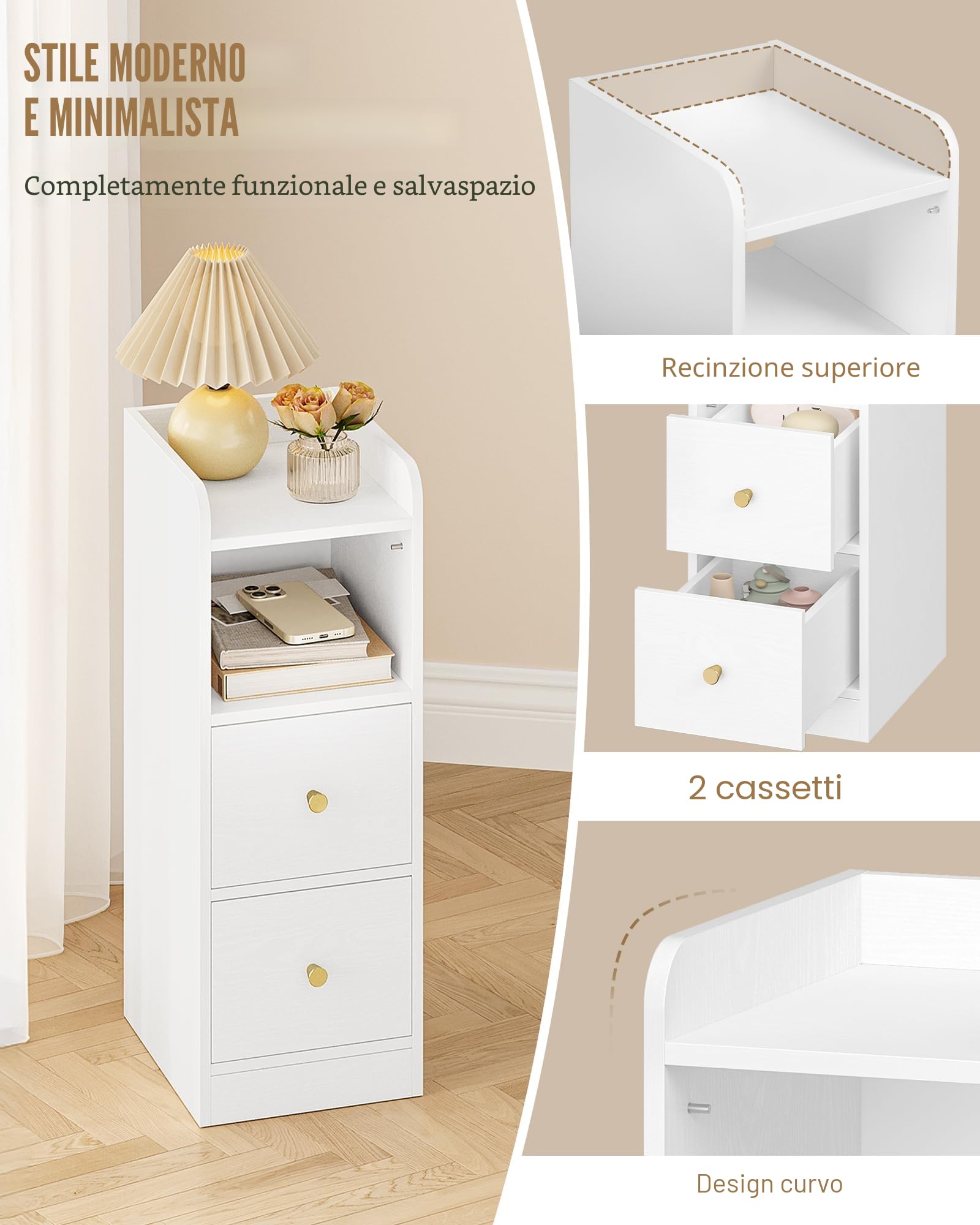 Hzuaneri Comodino Set di 2, Tavolino Stretto con 2 Cassetti, comodino con protezione superiore, per spazi ristretti, per Camera da Letto, Soggiorno, 30 x 24 x 65 cm, Bianco con venature del legno