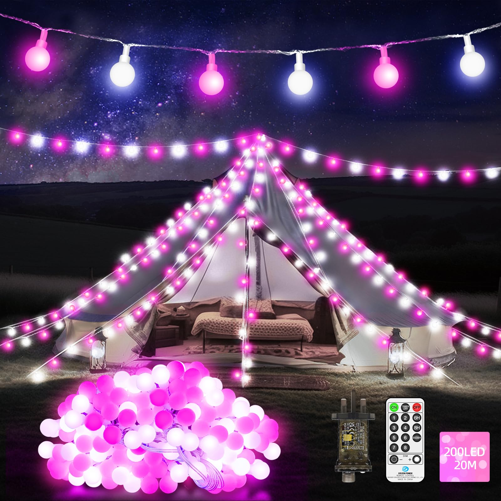 20M 200 LED Fairy Lights Outdoor Globe String Lights Plug in Christmas Lights Waterproof with Remote Timer Memory 8 Modes for Indoor Bedroom Garden Patio Mother's Day Party Decorations Cool Pink
